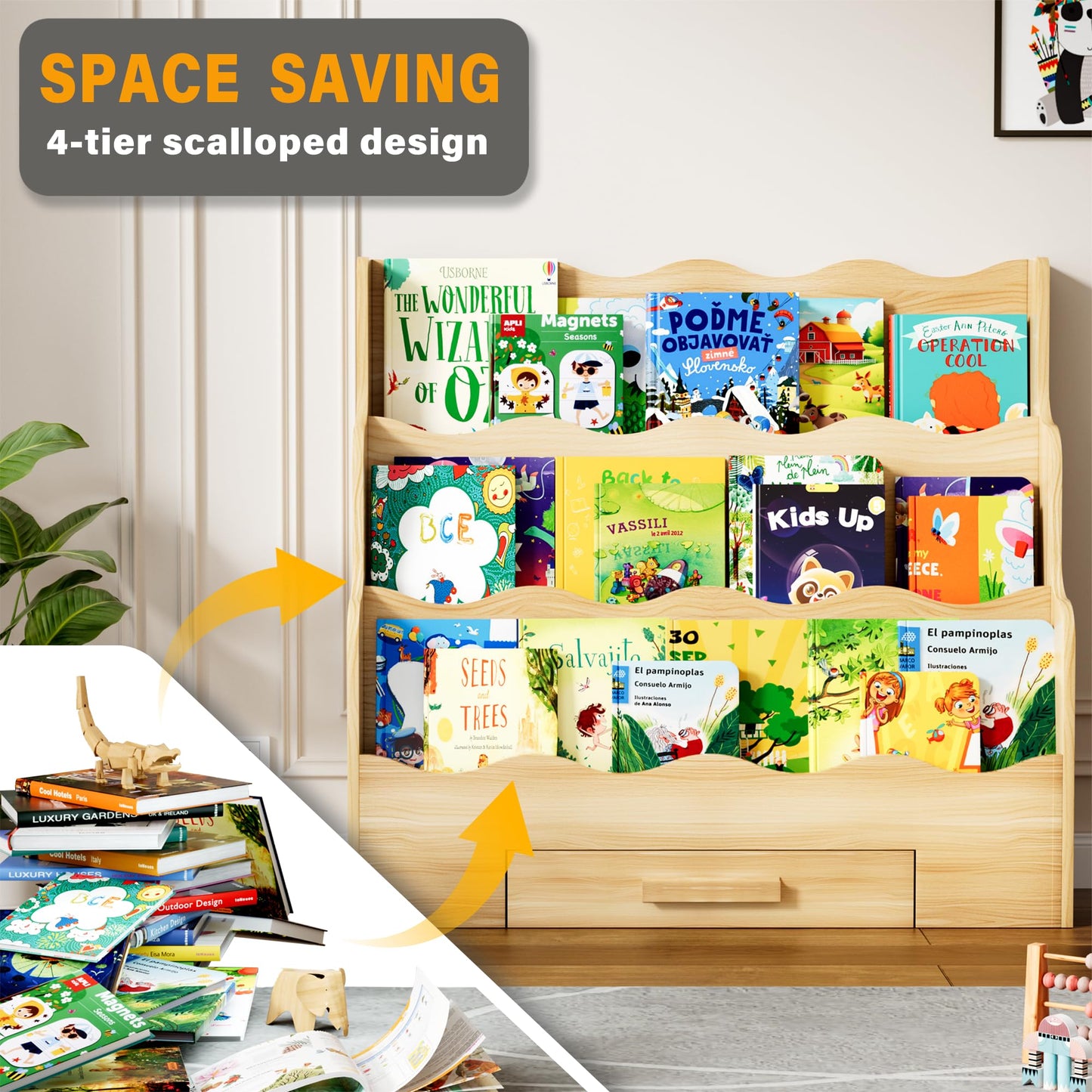 FIKSG 3-Tier Montessori Scalloped Kids Bookshelf, 29.6" Wide Natural Wood Forward Facing Bookcase for Toddlers, Children's Book Display and Organizer for Playroom, Nursery, Bedroom or Classroom