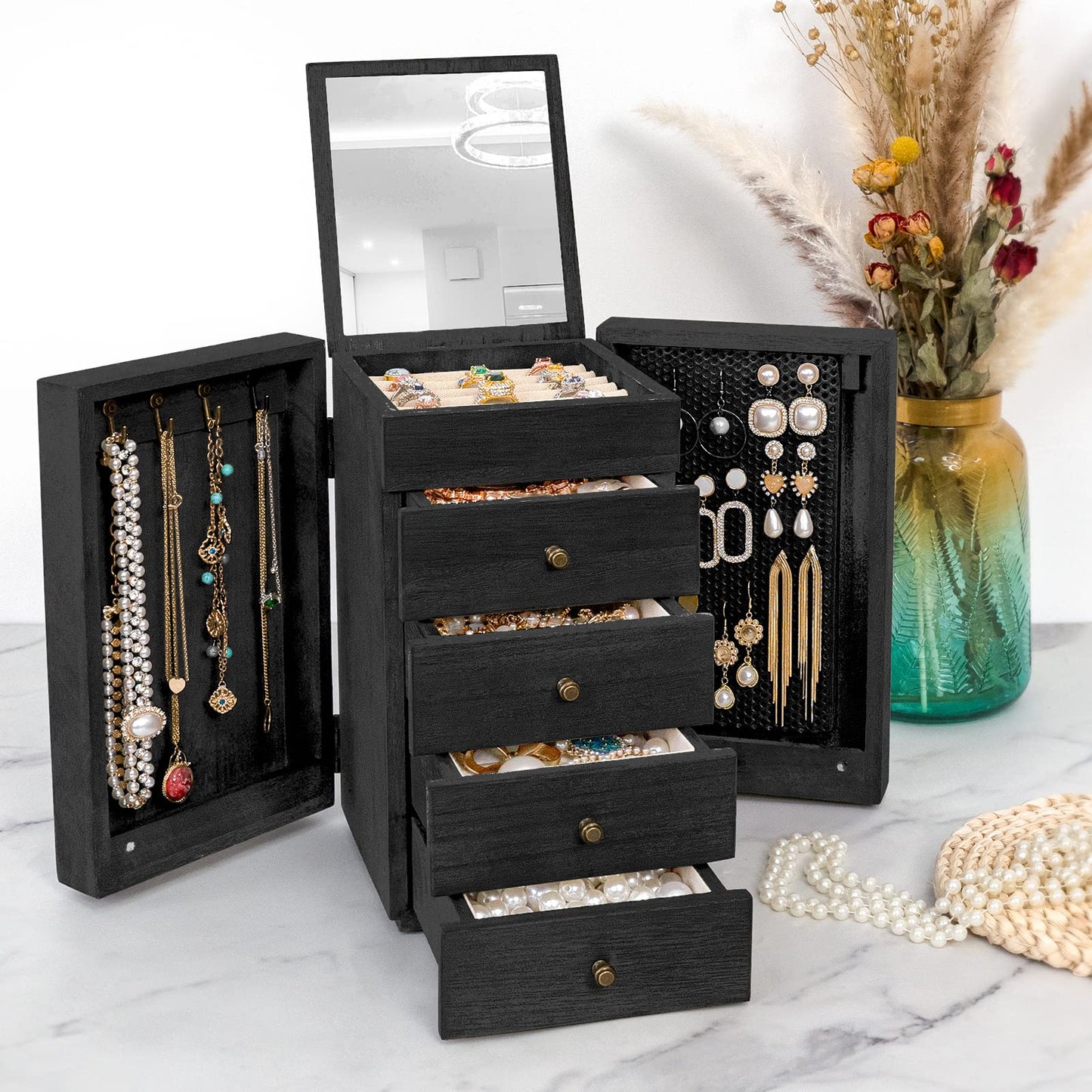 Meangood Jewelry Box Wood for Women, 5-Layer Large Organizer Box with Mirror & 4 Drawers for Rings, Earrings, Necklaces, Black