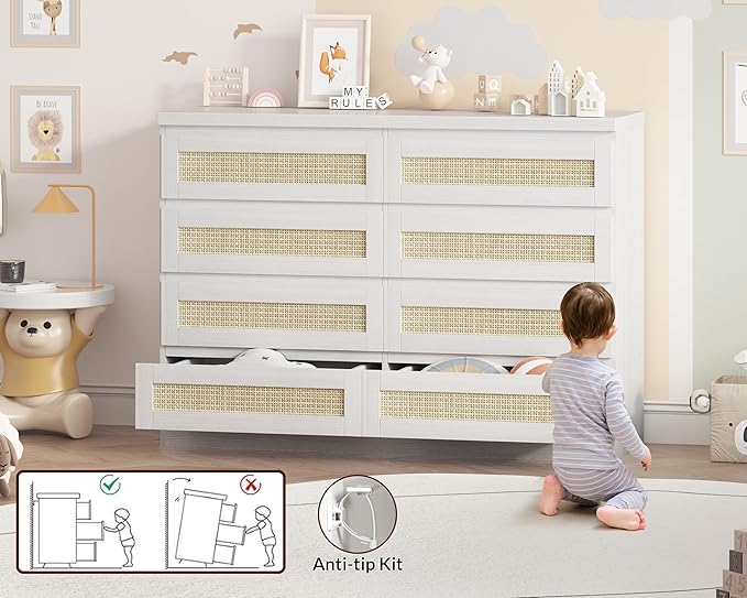 47 Inch Rattan 8 Drawer Dresser, Modern Farmhouse Chest of Drawers, Tv Stand
