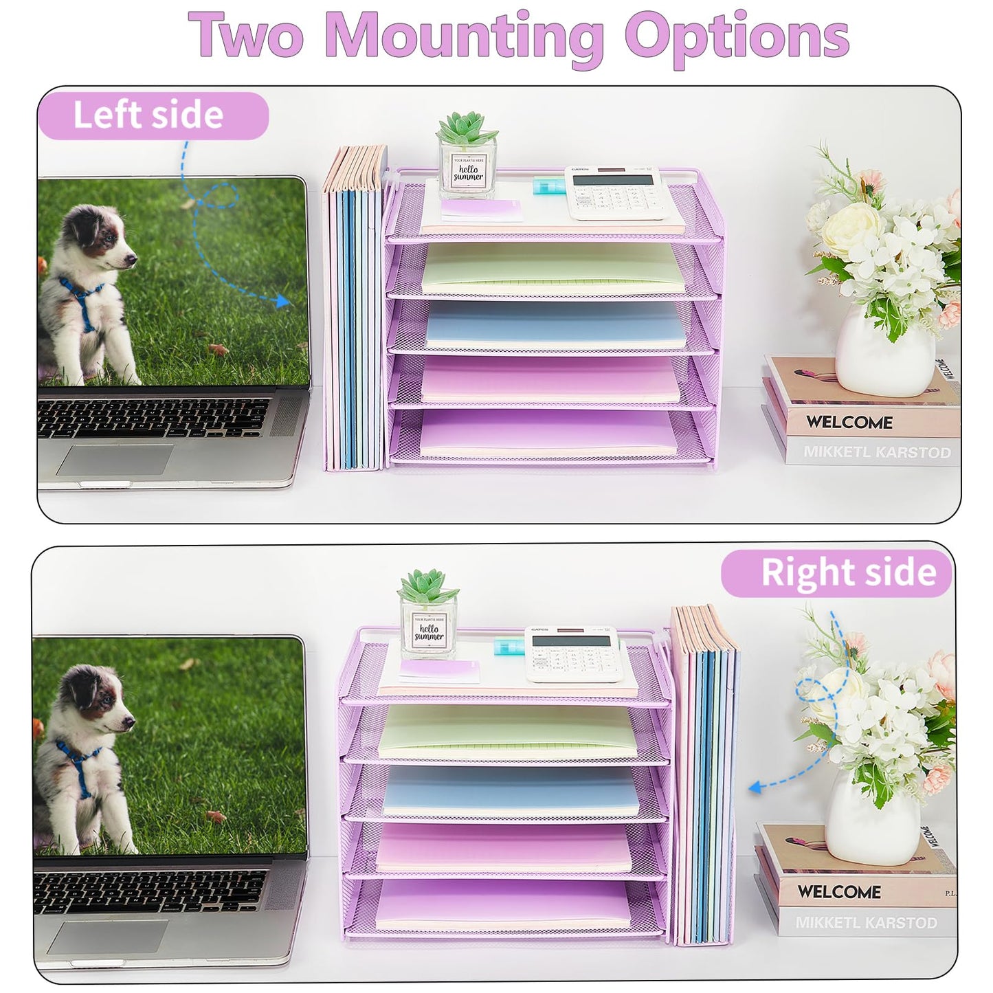 OPNICE Desk Organizer, 5-Tier Paper Organizer Letter Tray with Magazine Holder, Office Desk Accessories & Workspace Organizers, Desktop File Organizer for Office Supplies Storage, Purple