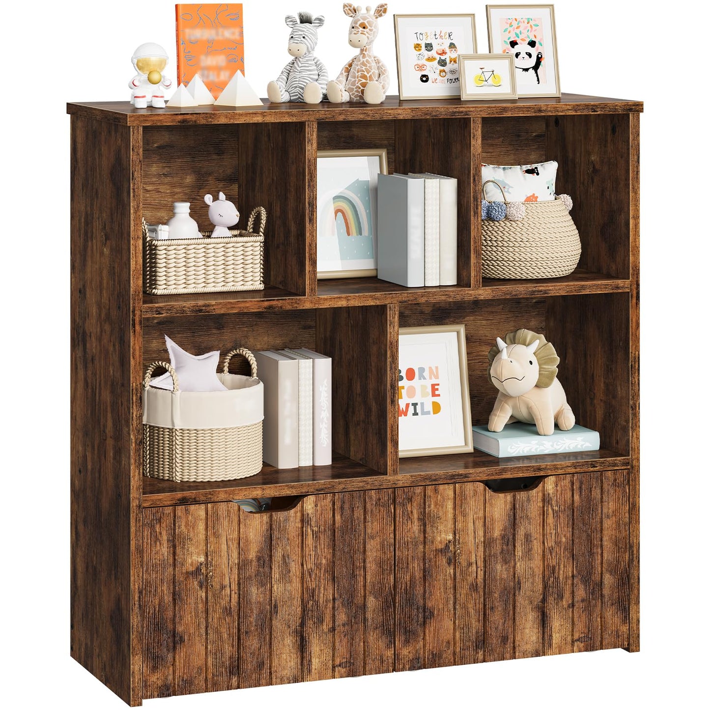 HOOBRO Toy Storage Organizer, Toy Organizers and Storage with 2 Movable Drawers and 5 Cubbies, Toy Chest Shelf for Books or Dolls, Kids Bookshelf and Toy Storage for Playroom, Rustic Brown BF88CW01