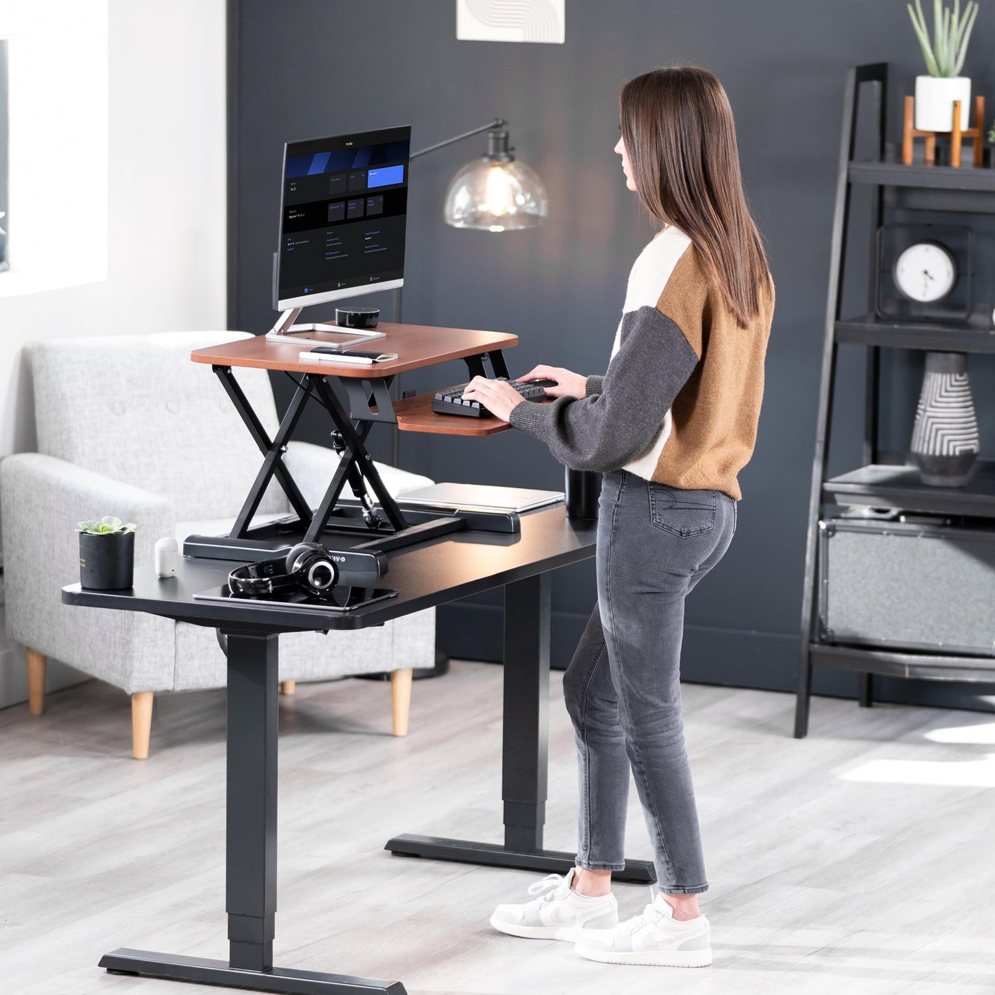 VIVO 26 inch Desk Converter, K Series, Height Adjustable Sit to Stand Riser, Dual Monitor and Laptop Workstation with Keyboard Tray, Dark Walnut Top, Black Frame, DESK-V026KA