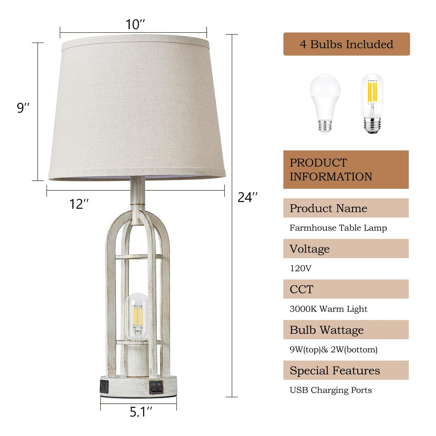 SRJJA Farmhouse Table Lamps for Living Room Set of 2 - Rustic Industrial Bedside Lamps for Bedroom Nightstand with Nightlight and USB A+C, 4 Bulbs Included