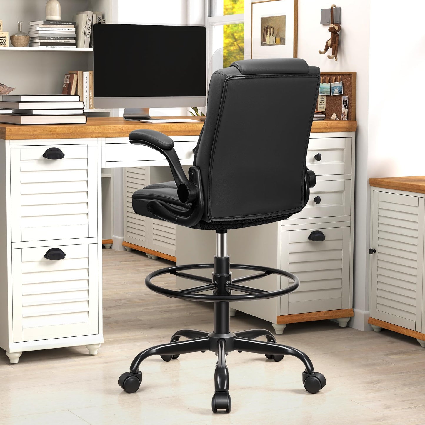 Drafting Chair, Tall Office Chair for Standing Desk, High Executive Leather Ergonomic Computer Chair with Adjustable Height and Flip-Up Armrest for Counter Height Desk, Black, Pack of 1
