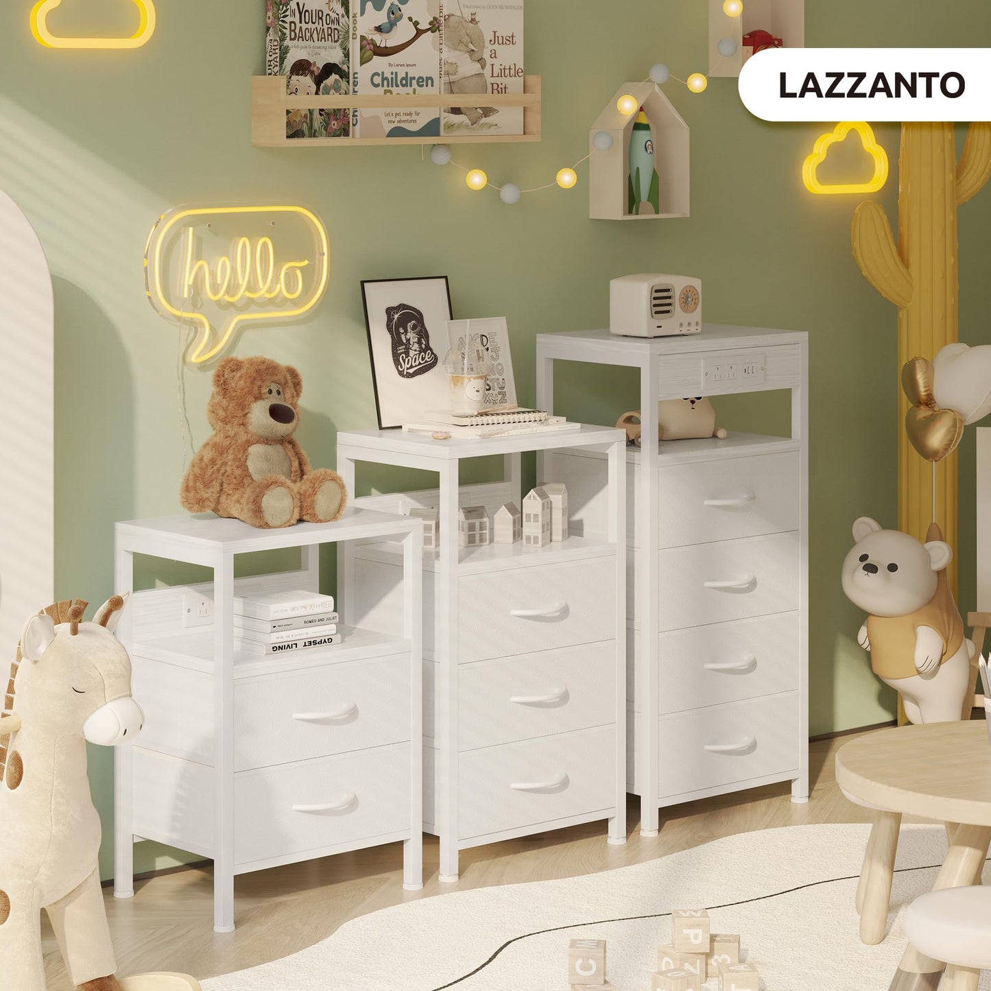 Lazzanto NightStand Bedside Charging Table Bedroom - Night Stand with Charger Station, White Modern Bed Side End Table with Open Shelf & 2 Fabric Drawers, USB-C Port & AC Outlets for Dorm, Living Room