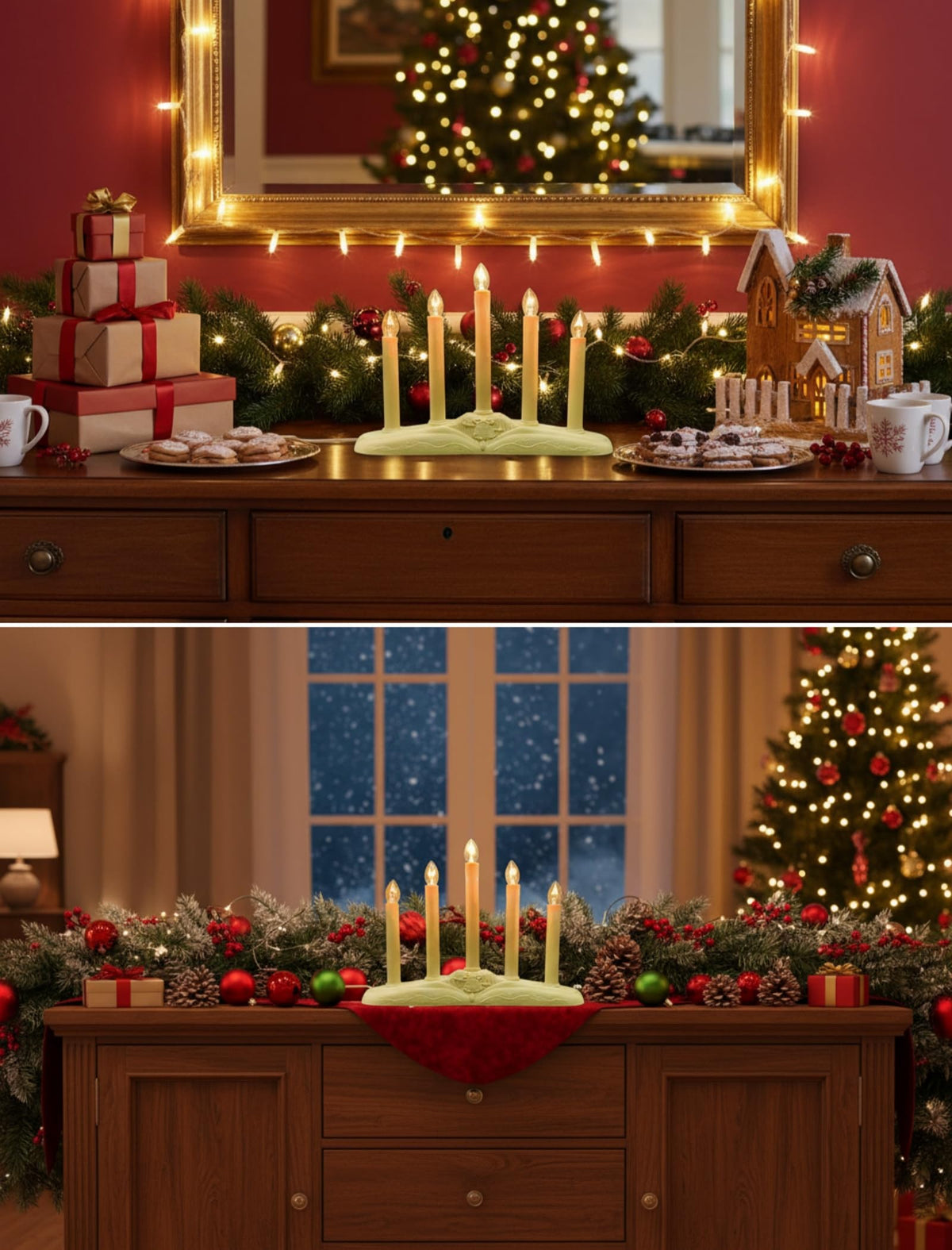 Pallerina Window Candles for Christmas, Battery Operated or Electric LED Flameless Taper Candlesticks with Timer and Sensor for Holiday Home Window Decoration, Ivory Base, 5-Light Set