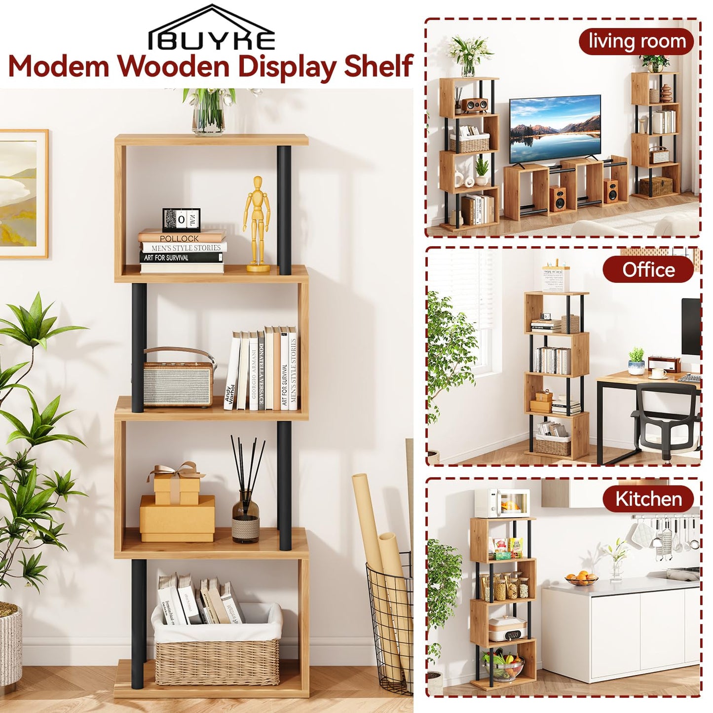 IBUYKE 5-Tier Tall Bookshelf,S-Shaped Geometric Bookcase, Wood Display Shelves with Storage,Modern Bookshelf for Living Room Bedroom, Home Office,Oak WBC015K