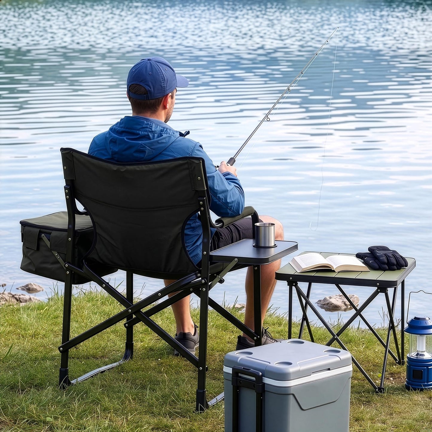 Outvita Heavy Duty Folding Camping Director Chair with Insulated Cooler Bag, Side Table & Cup Holder, 300LBS Sturdy Portable Chair for Camping Fishing Tailgating Backyard BBQ