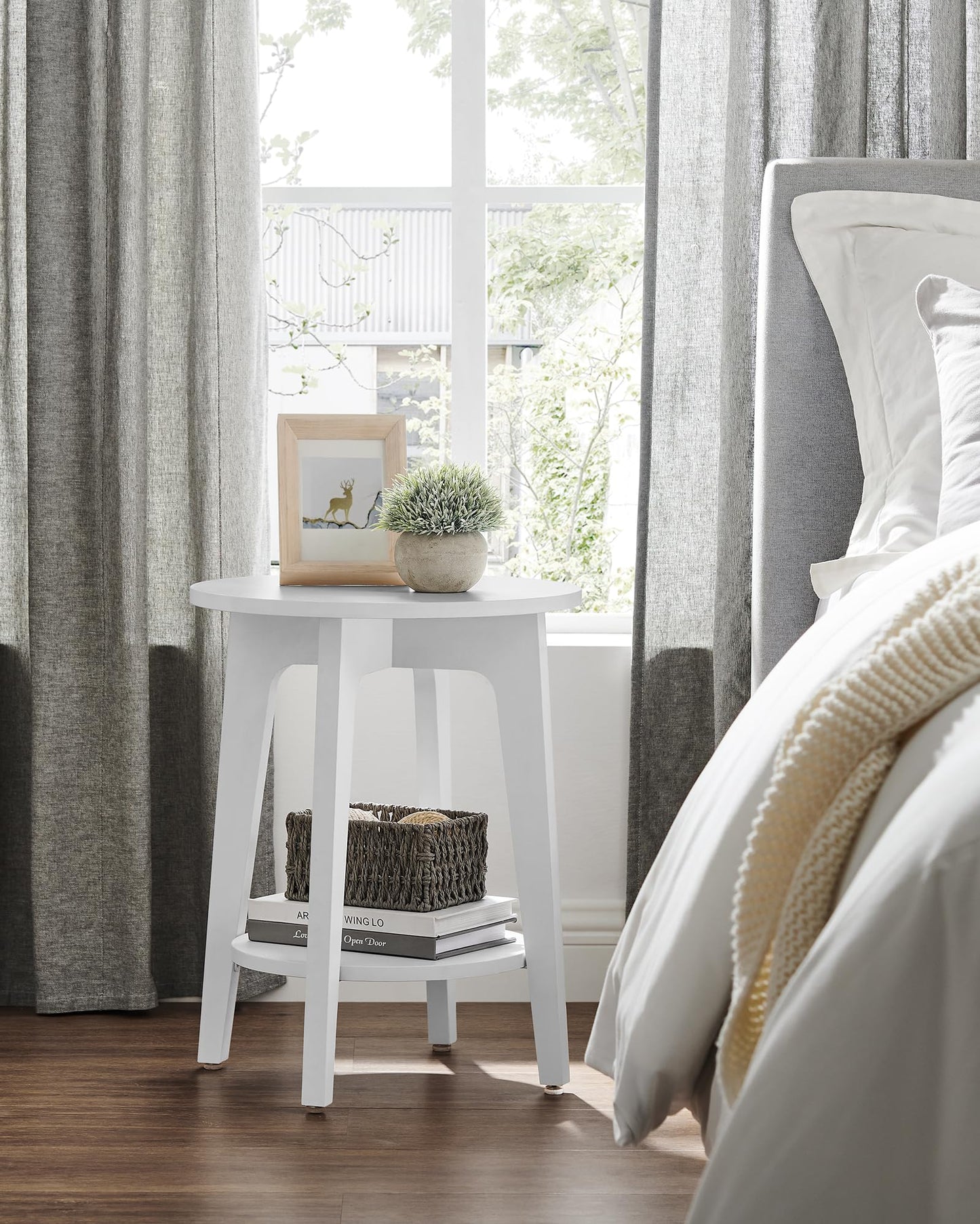VASAGLE MAEZO Collection - Side Table, 2-Tier Small Round End Table, Nightstand with Tapered Legs, Curved Transitions, for Small Spaces, Living Room, Bedroom, Cloud White ULET283T14