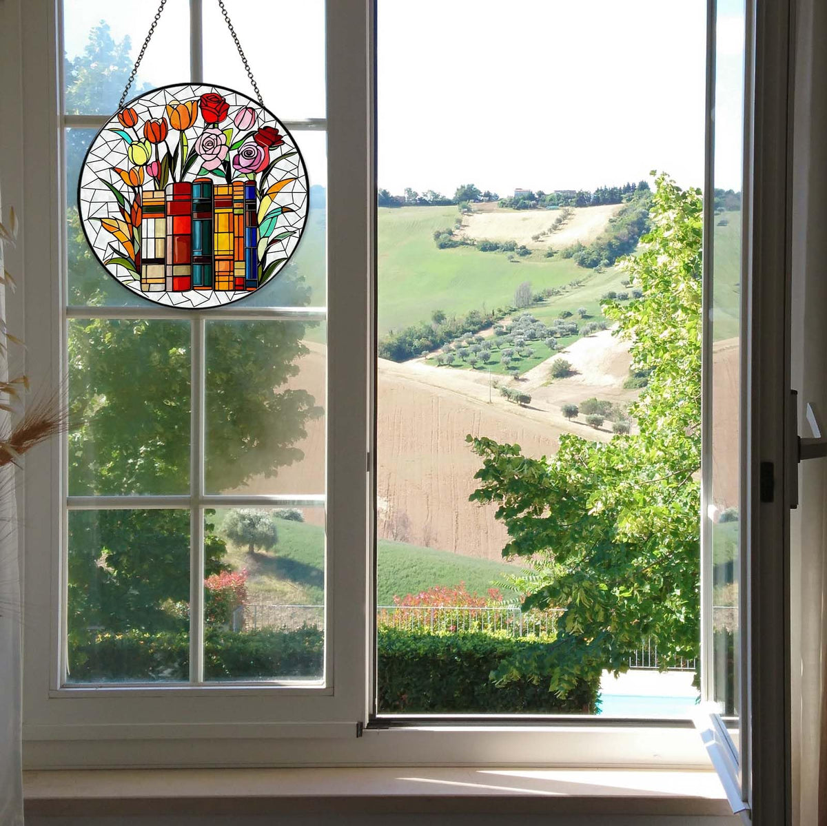 RVEAFA Flower Book Stained Glass Window Hanging 9.8'' Sun Catcher Book Club Lover Gifts for Women Reading Room Decor Handmade SunCatcher Decoration for Garden Home Bookish Library Decor
