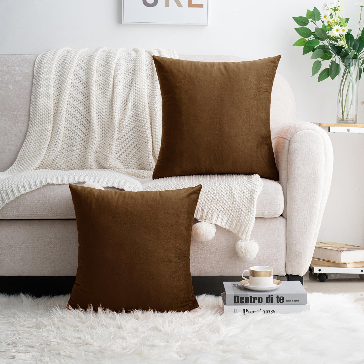 HWY 50 Coffee Velvet Throw Pillow Covers 16x16 Inch, Pack of 2 Soft Cozy Solid Decorative Luxury Cushion Cases for Couch Sofa Bed Living Room Bedroom