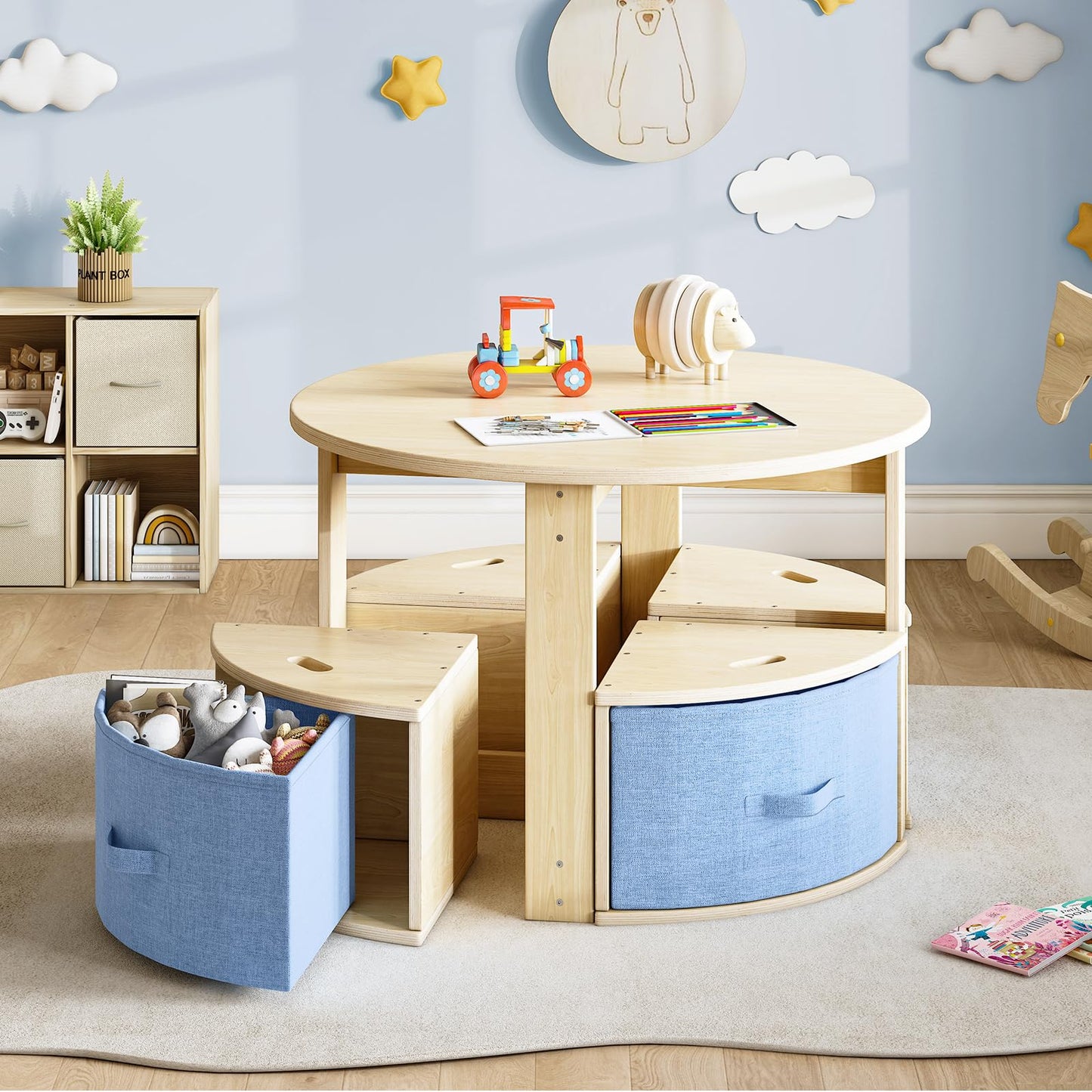 EXPERLAM Round Kids Table and 4 Chairs Set, Toddler Activity Table with Storage Bins Under Each Stool, Wooden Kids Table for Play, Art, Reading and Snacks, Space-Saving Children Furniture, Burlywood