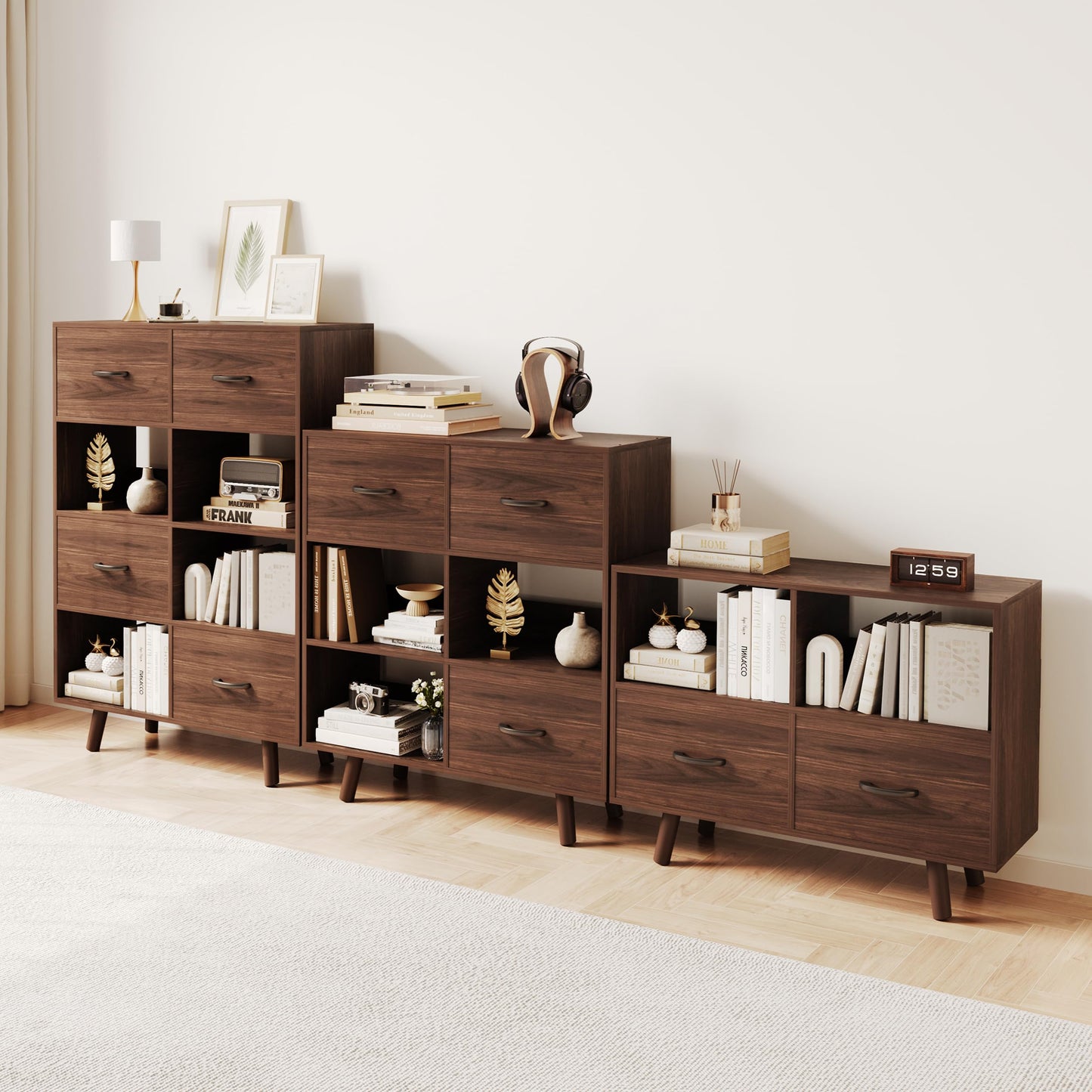 ELYUP Bookcase with Fabric Storage Bins - 8 Cube Organizer Display Bookshelf for Home Office, Walnut