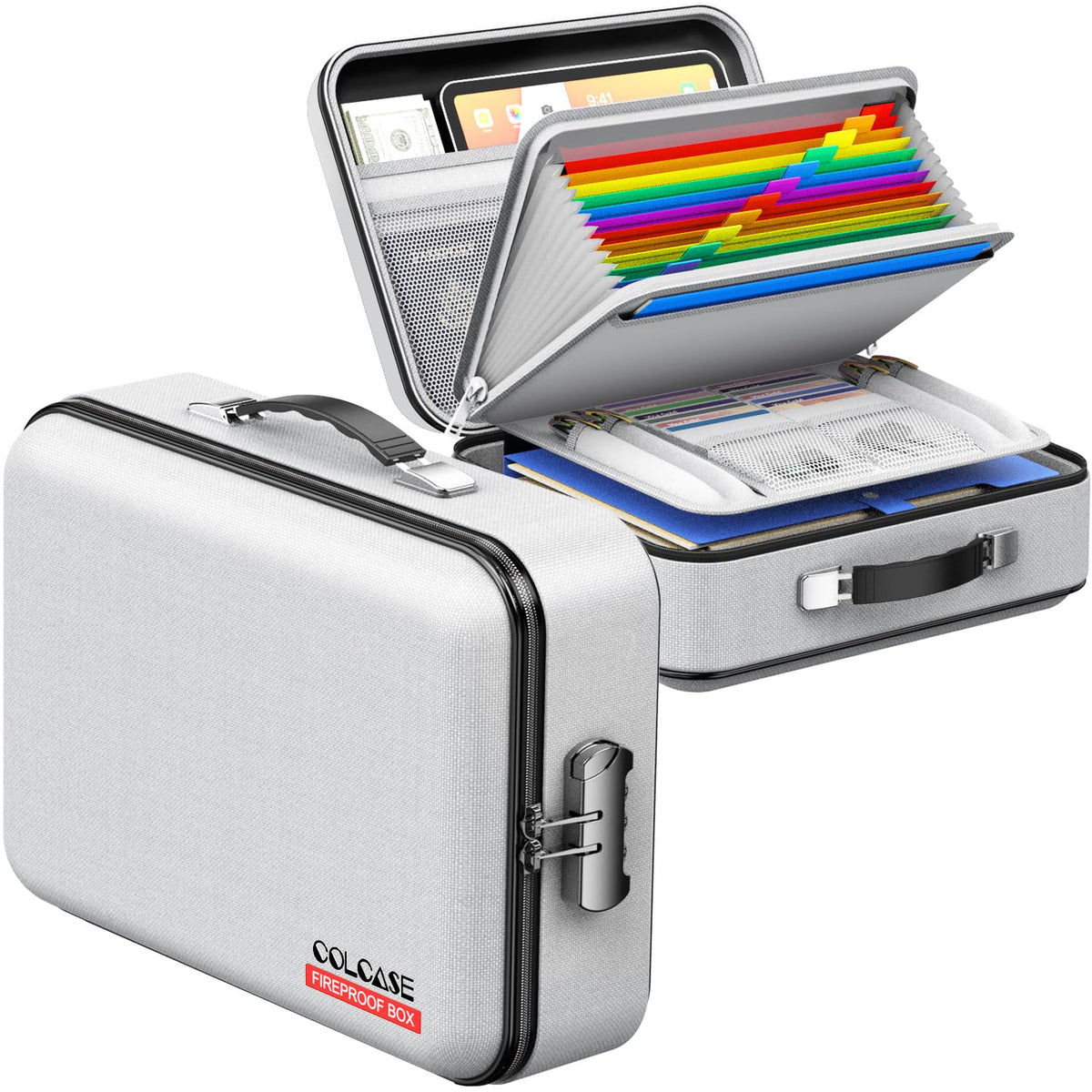 COLCASE Fireproof Document Box, Hard Case Fireproof File Organizer with Lock Hard-Shell Design Fireproof Water Resistant Safe Box for Important Documents Certificates Laptop Passports Gray