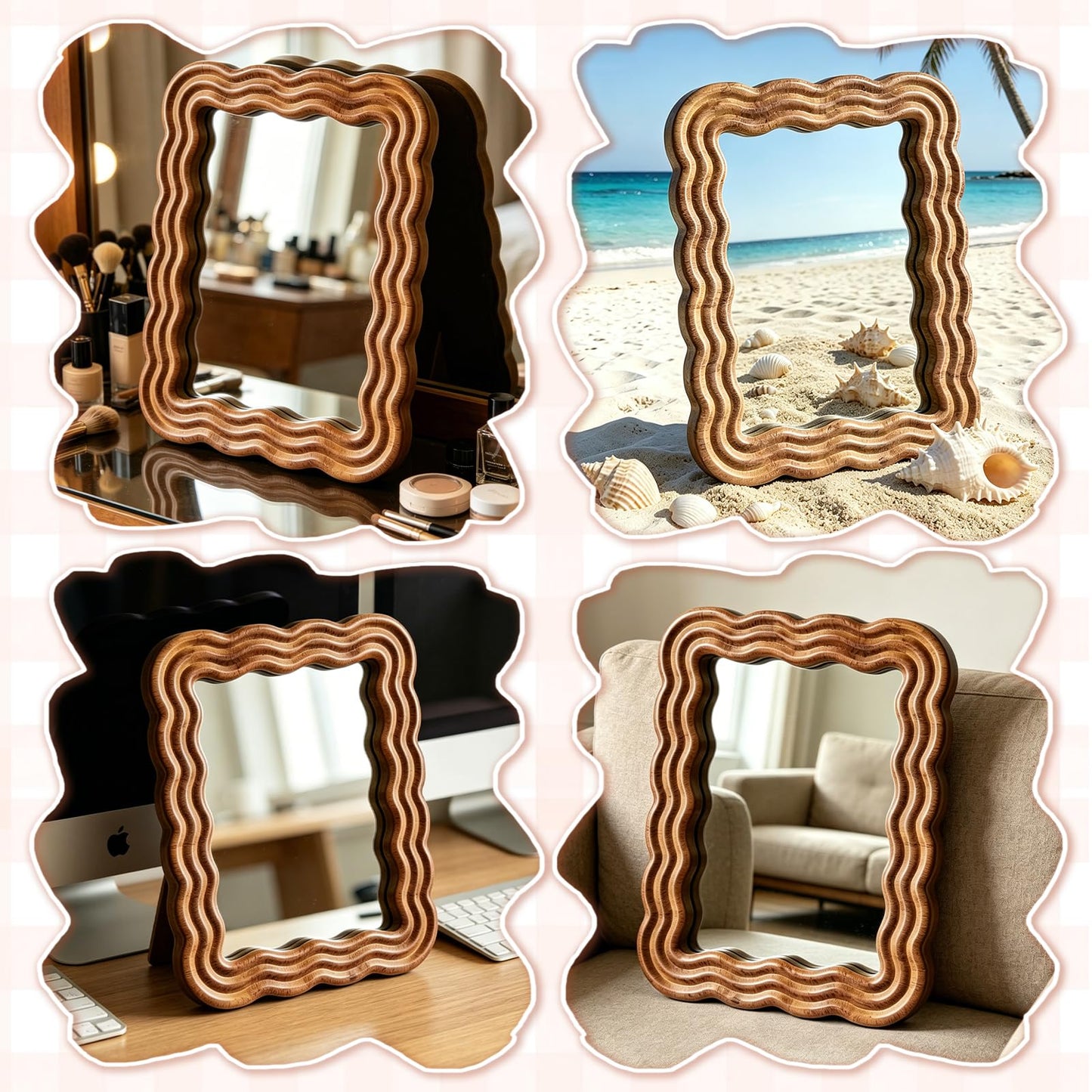 Pehvdkuq Wood Framed Wave Shaped Folding Makeup Mirror, Scalloped Aesthetic Tabletop Vanity Mirror with Stand for Desk Bedroom Office Home Decor, Boho Style