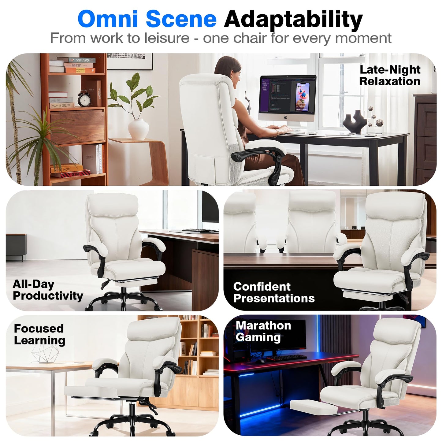 AreShark Office Chair - Ergonomic Comfortable High Back Computer Desk Chair with Foot Rest - Executive Breathable Swivel Rolling Reclining Leather Chair with Lumbar Support for Home Gaming Relaxing