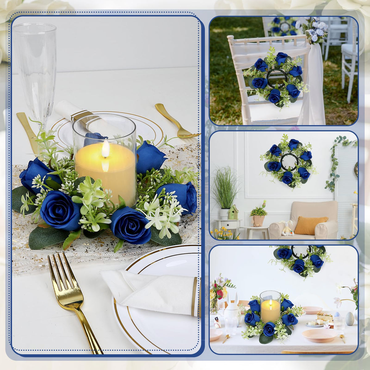 Tobilu 6 Sets Artificial Roses Candle Rings - Roses Floral Rings Wreaths with LED Candles Eucalyptus for Centerpieces Table Cabinets Front Doors Wedding Home Party Decor - Royal Blue