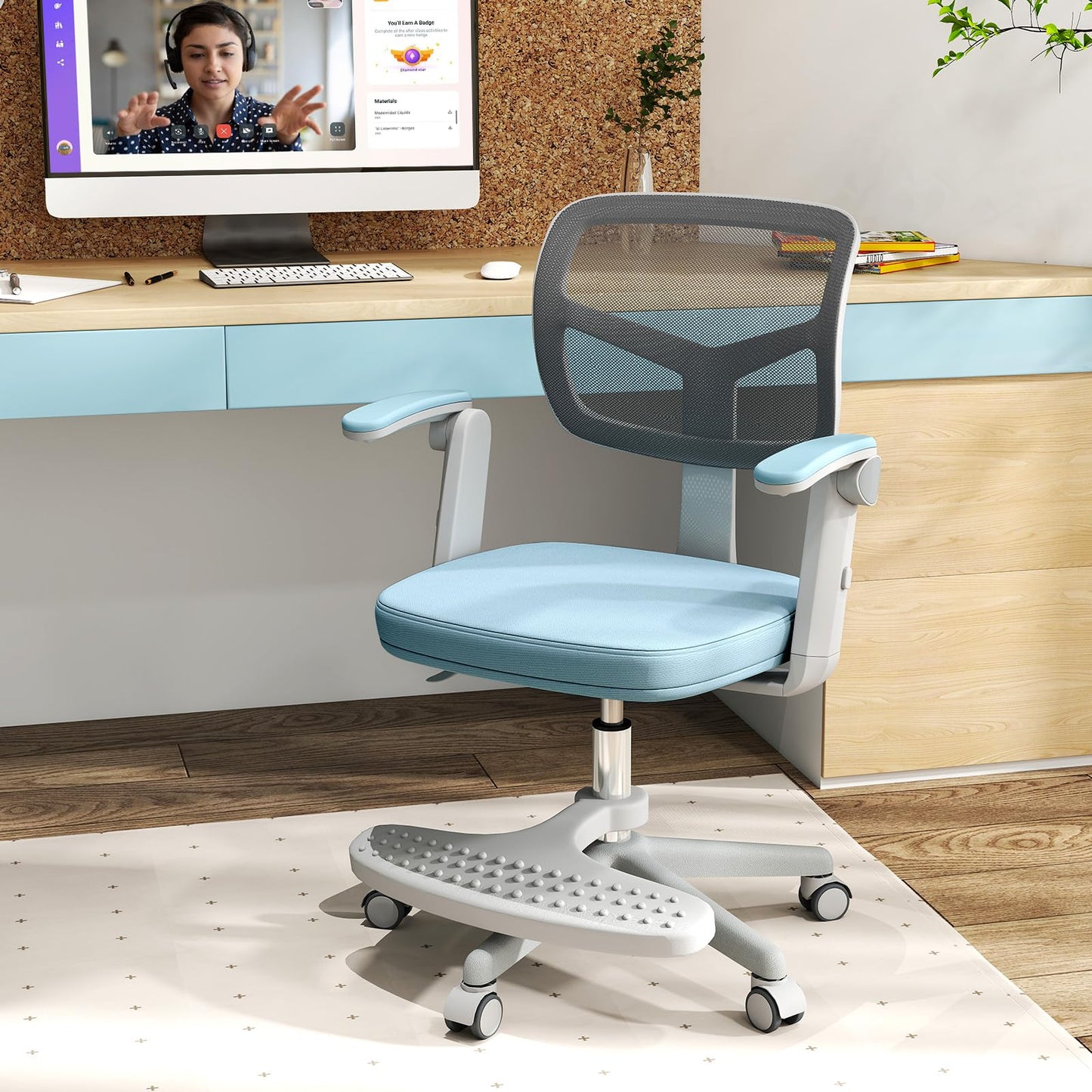 Costzon Kids Desk Chair, Student Ergonomic Computer Chair with Wheels, Footrest, Adjustable Height, Flip-up Armrests & Soft Removable Cushion, Swivel Rolling Kids Office Chair for 3-15 (Blue)