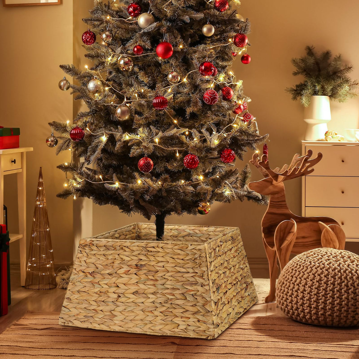 Suncalla 22 Inch Christmas Tree Collar Water Hyacinth Woven Farmhouse Square Base Cover Christmas Tree Basket for Xmas Holiday Decorations(Natural)
