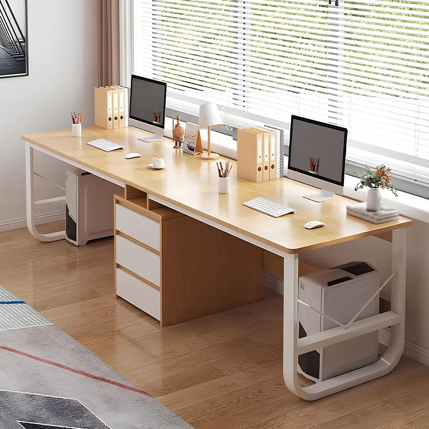 Wall Mounted Folding Table Floating Table Adjustable Steel Bracket,Modern Wooden Computer Desk for Two, Large Writing Table with Drawers for Home Office, Stylish Workstation Furniture for Co