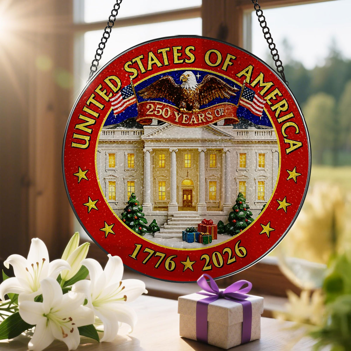 250 Years of America Stained Glass Suncatcher, Stained Glass Window Hanging & Decor, 1776-2026 US 250th Anniversary Ornament, Patriotic Ornament, American Independence Day Gift, July 4 Decor