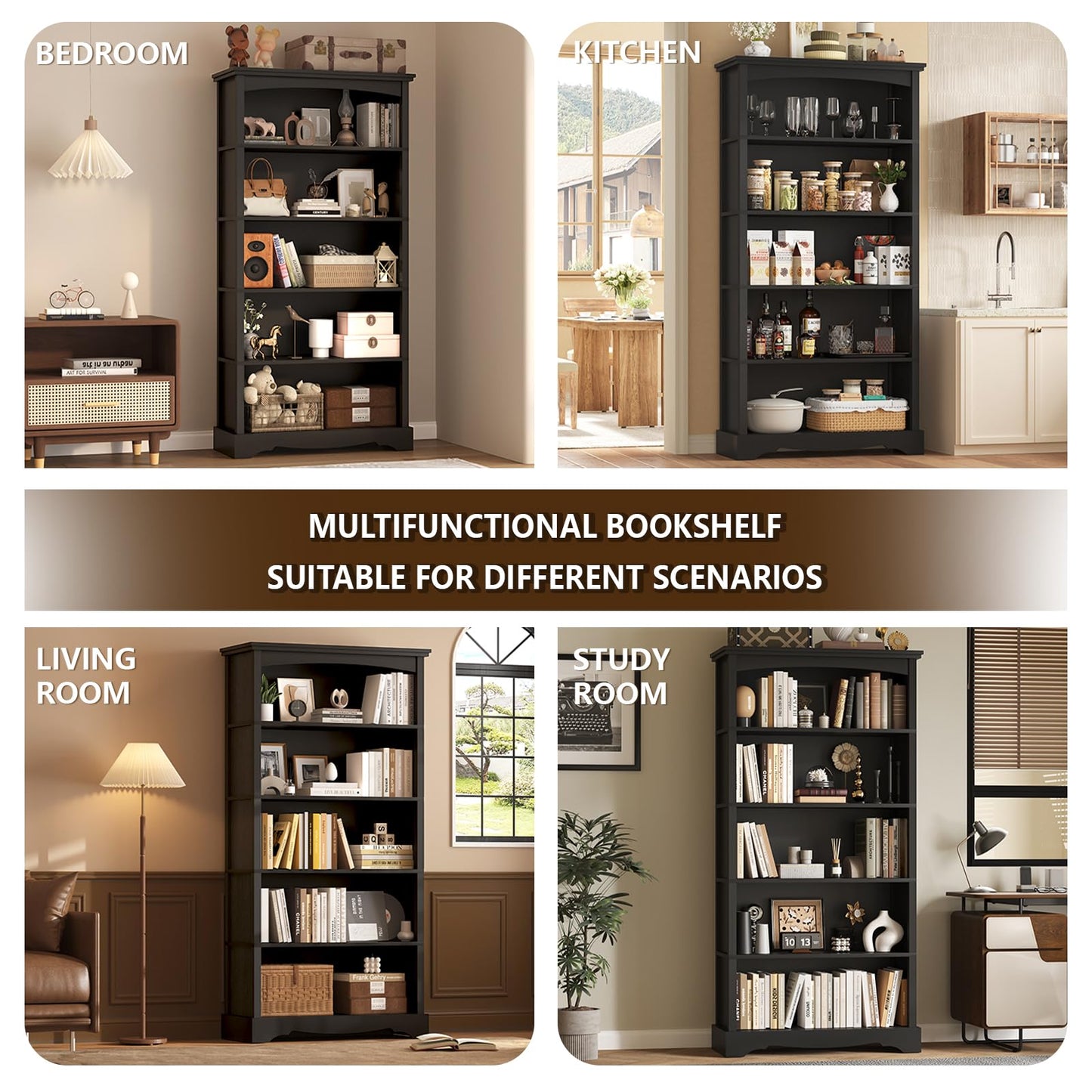 TVU 5-Tier Wooden Bookshelf, 31.5" W x 65" H ×9.9" D Bookshelf with Storage, Floor Standing Modern Style Display Bookcase for Living Room, Office, Study Room, Entryway, Black