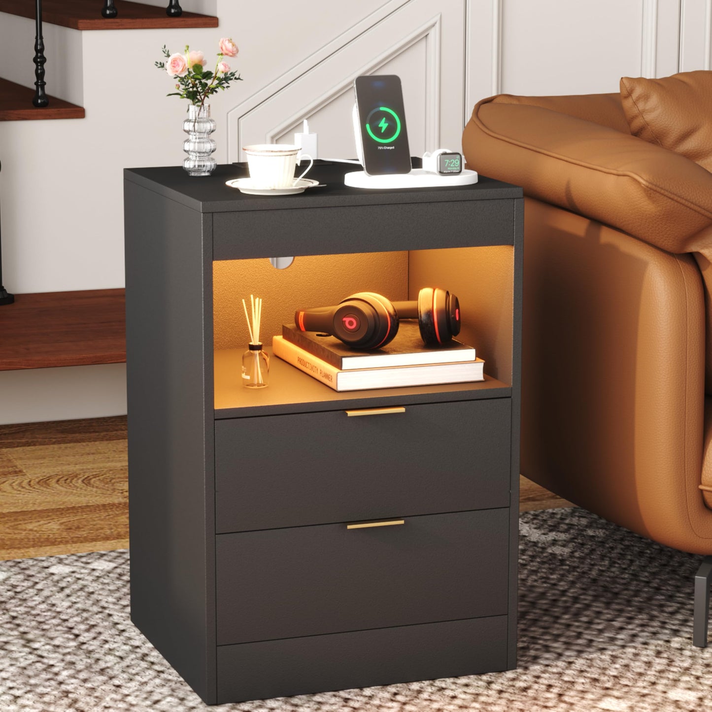 Yusong Night Stand with Gun Drawer & Invisible Lock, Bedside Table, LED Nightstand with Charging Station, Modern Night Stand, Wood Sofa Couch End Side Table with 2 Pull-Out Shelf (Black 002)