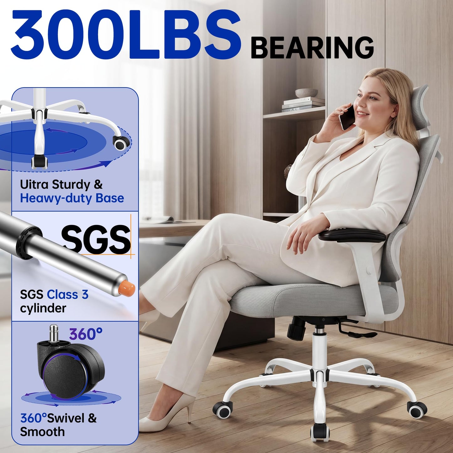 Hayelf Ergonomic Office Chair, High Back Mesh Computer Chair with Comfortable Adaptive Lumbar Support, Built-in Coat Hanger, SGS Class 4 Gas Lift, Heavy Duty 300lbs for Long Hours Home Office