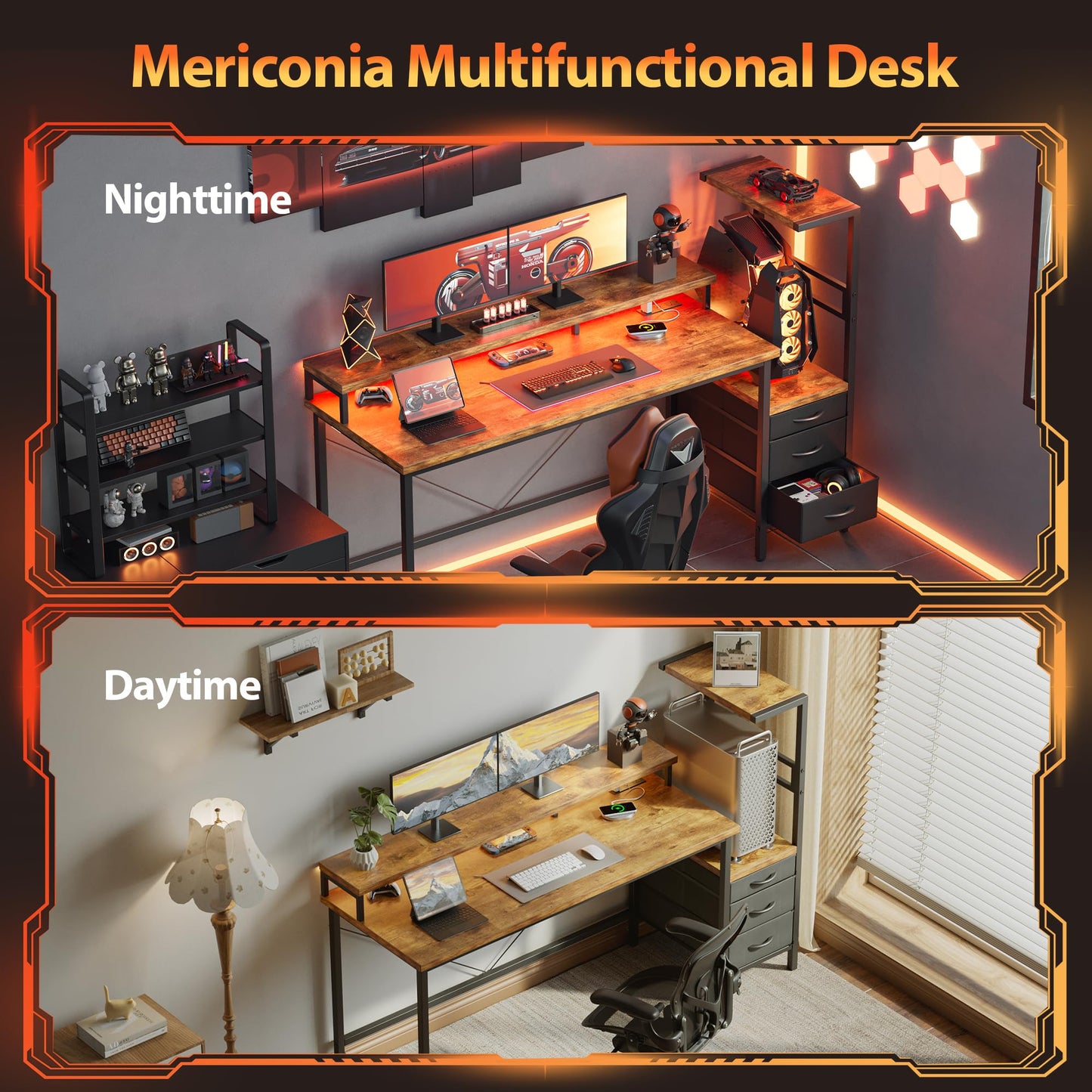 Mericonia 60 inch Gaming Desk with LED Lights & Power Outlets, Reversible Computer Desk with Storage Drawers & Monitor Stand, Large Gaming Table for Home Office