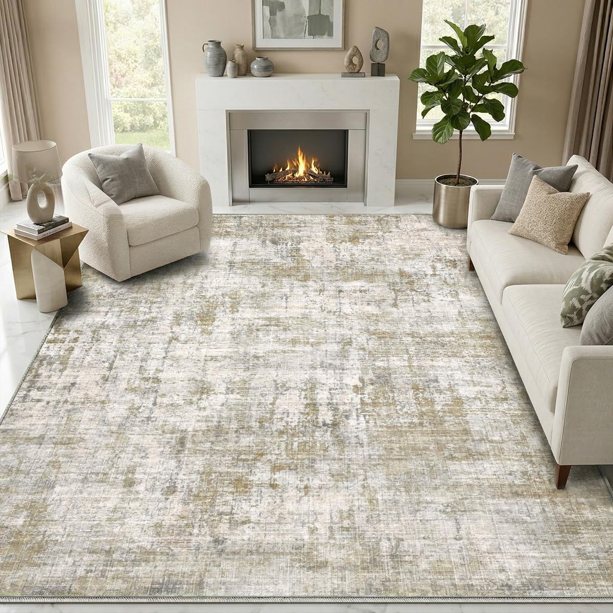 Syrlfar 8x10 Area Rugs Washable Living Room Rug-No Slip Soft Carpets Modern Abstract Indoor Floor Stain Resistant Large Carpet for Bedroom Dining Room Farmhouse Nursery Home Office Tan