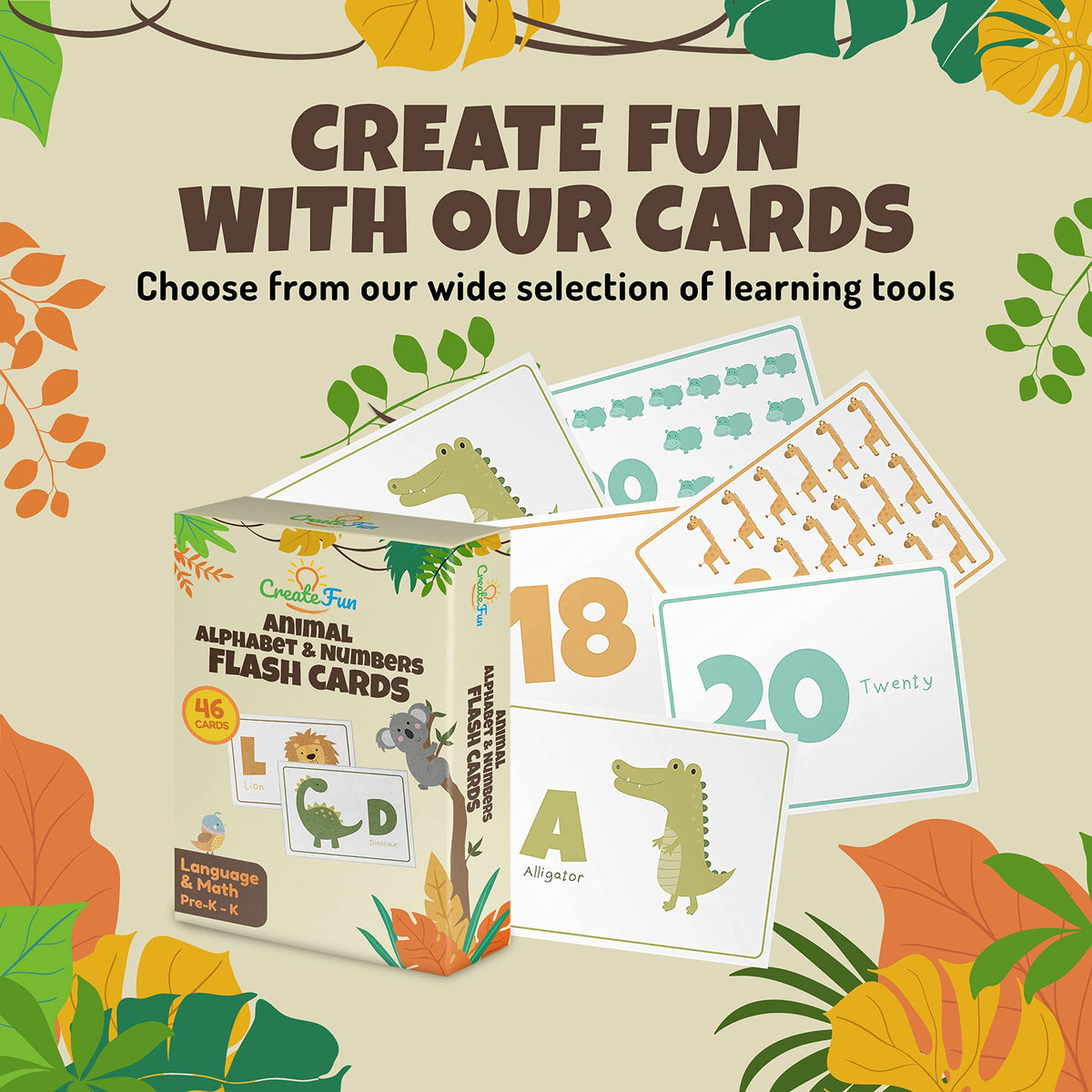 Alphabets and Numbers Animal Flash Cards for Babies, Toddlers, Pre-K, and Kindergarten – Montessori Learning Gift – Uppercase & Lowercase Letters, 123 – 46 Extra Thick Educational Cards