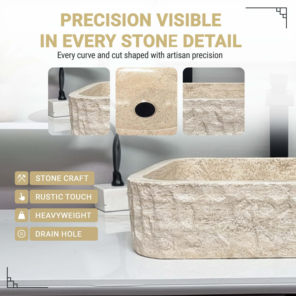 Shades of Nature Rectangular Travertine Vessel Sink, Natural Stone Wash Basin, Hand-Carved Bathroom Sink, Chiseled Exterior, Polished Interior, Above Counter Vanity (Soap Tray Included)