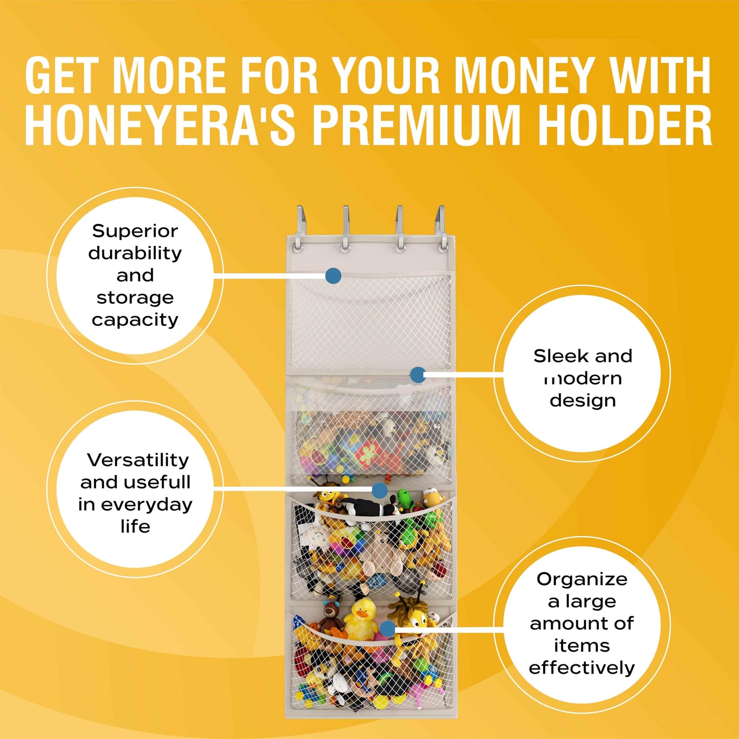 Honeyera The Original Storage for Stuffed Animals, Over Door Organizer for Stuffies, Baby Accessories, Toy Plush, Breathable Hanging Pockets Big Girls Toddler Large Bag