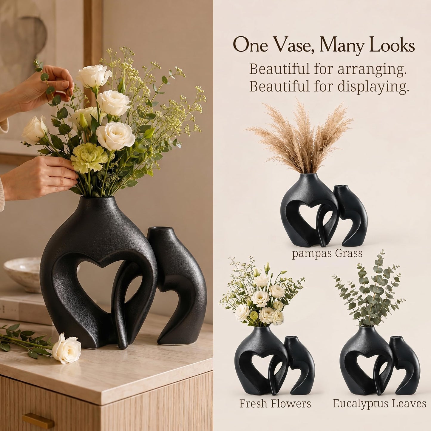 Black Ceramic Flower Vases Home Decor Heart Shaped Vase Set of 2