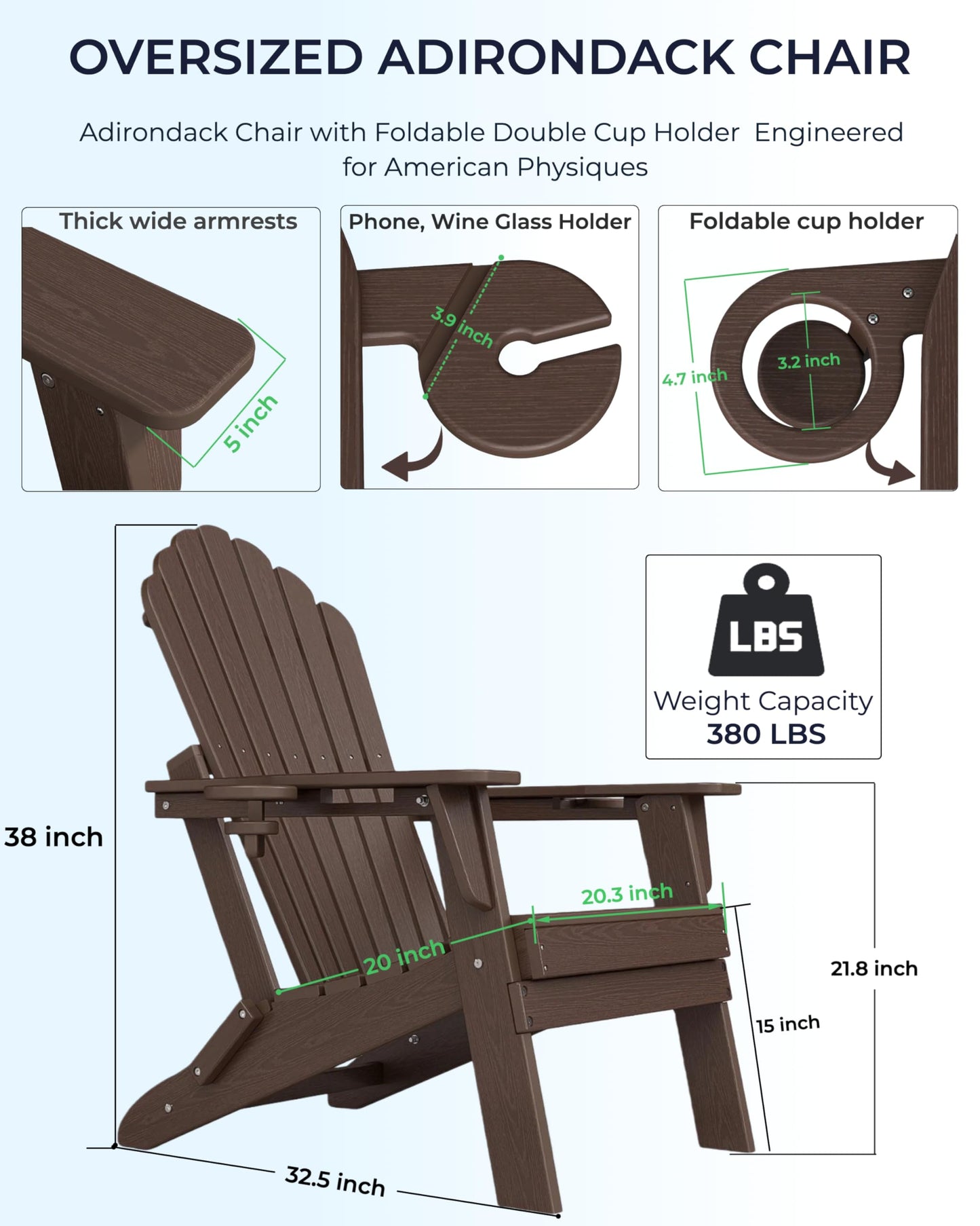 Folding Adirondack Chair with Dual Cup Holders, Ergonomic High Back HDPE Fire Pit Chair, 380lbs Capacity All-Weather Outdoor Patio Lounge Chair for Garden, Deck, Yard - Coffee