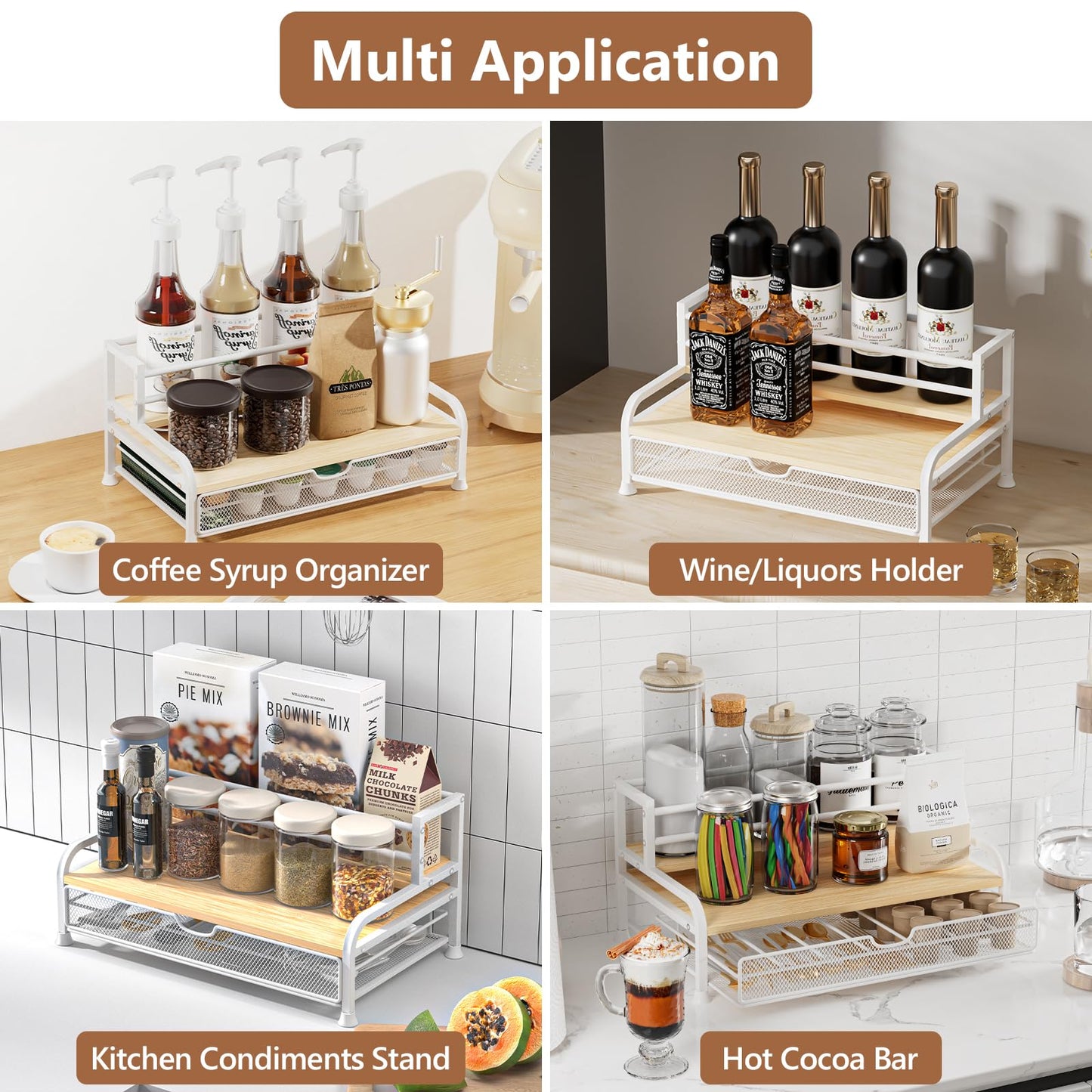 Coffee Syrup Rack Organizer, 3-Tier 8 Bottles Syrup Rack with 35 K Cup Storage Basket for Coffee Bar, Countertop Bottle Holder Stand for Wine, Dressing for Kitchen Cafe Station- White