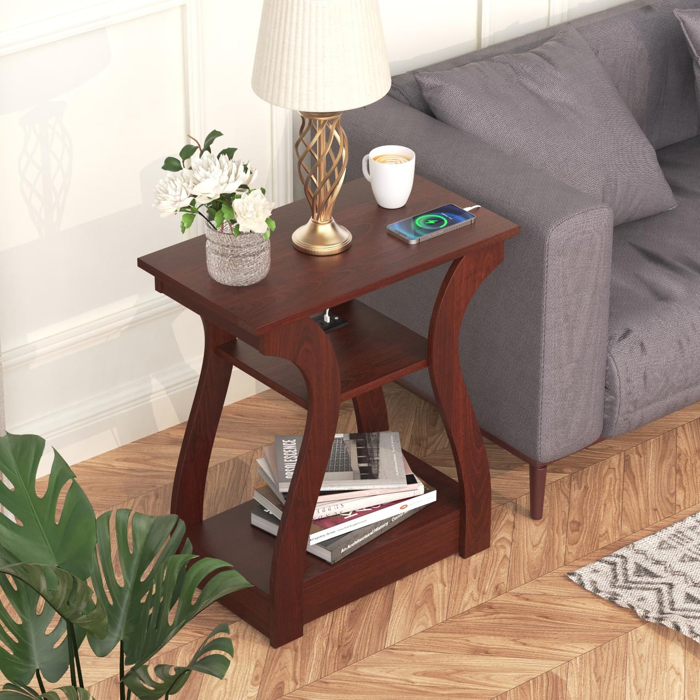 FROMJBEST End Tables Living Room, Cherry End Table with Charging Station, Nightstand for Bedroom, 3 Tier End Table with Storage Shelf for Living Room(Cherry)