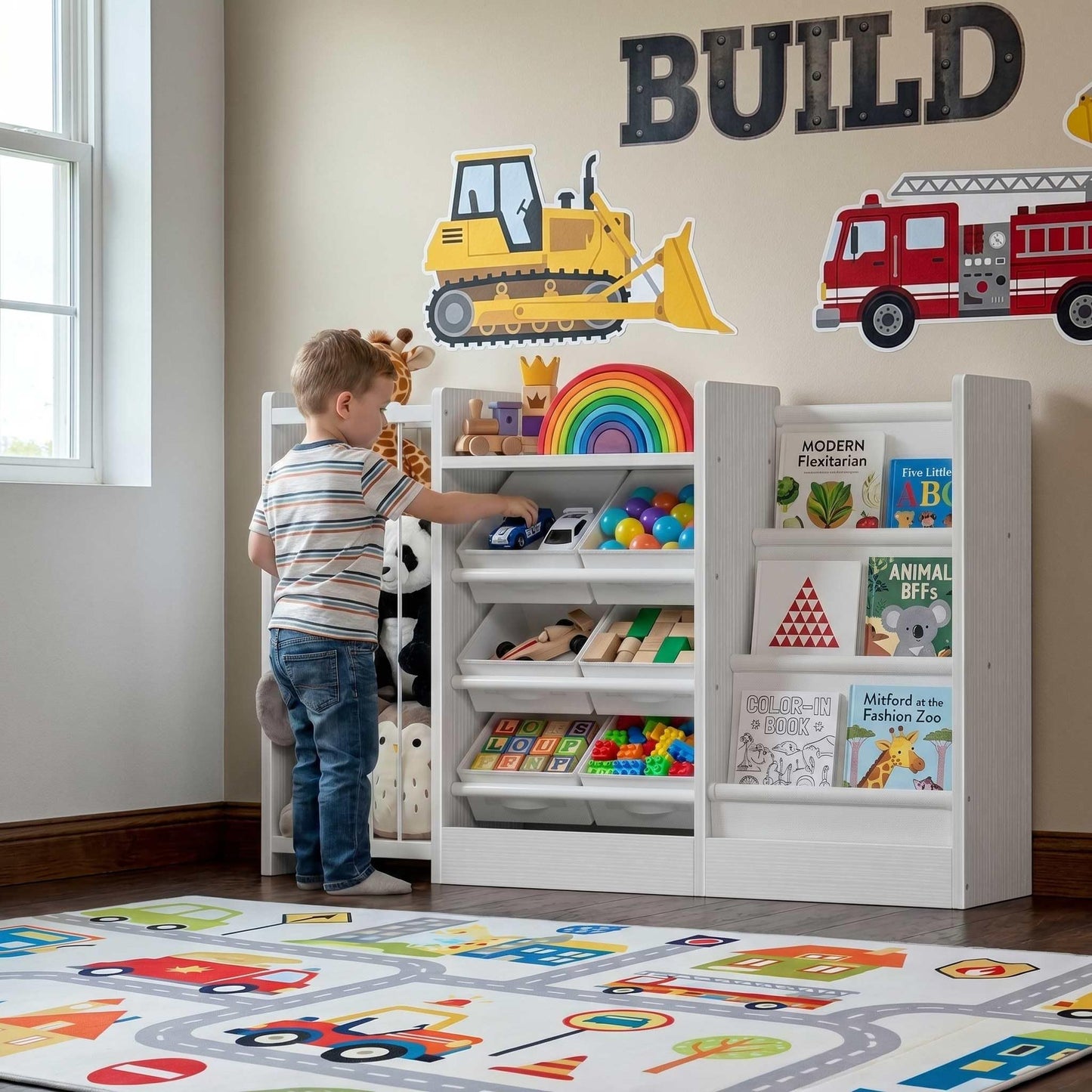 BOLUO Kids Toy Storage Organizer with Bookshelf, 3-in-1 Kid Book and Toy Storage Holder Shelves for Baby Toddler Playroom Living Room White