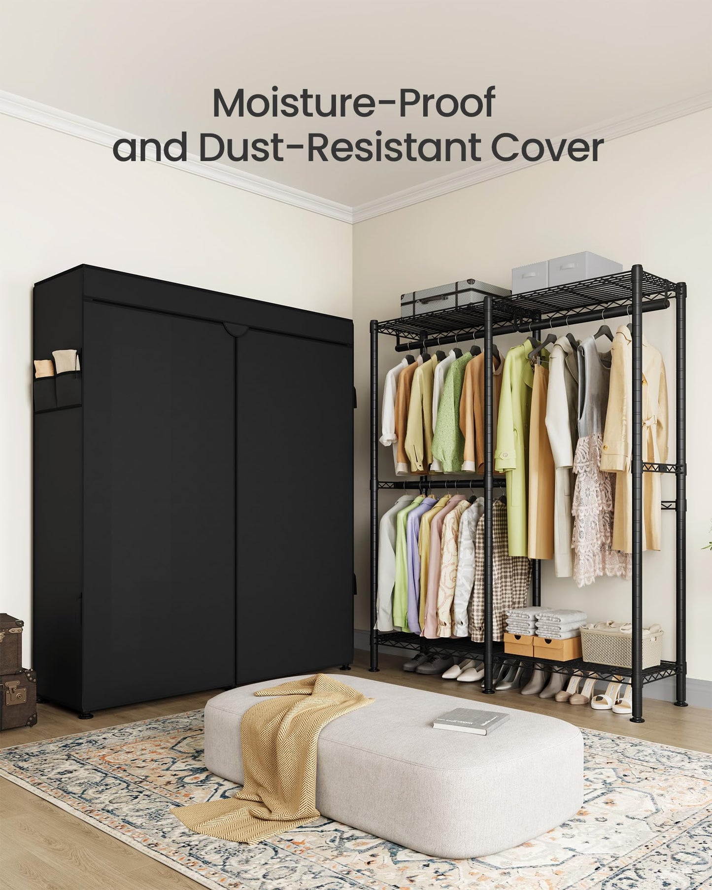 SONGMICS Clothing Rack, Heavy-Duty Garment Rack with Adjustable Storage Shelves and Hanging Rails, Fabric Cover, Freestanding Portable Wardrobe Closet, Ink Black ULGR424BH01