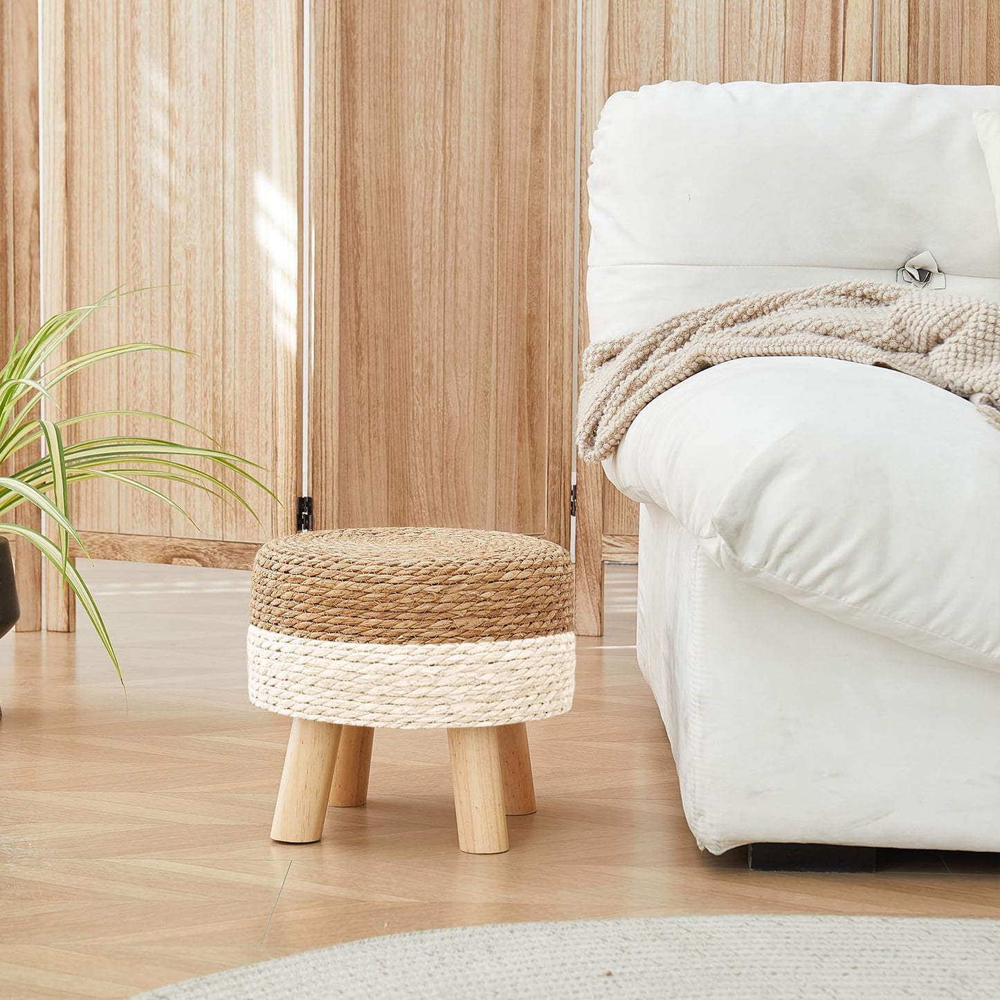ALeesing Round Ottoman, Natural Seagrass Footstool with 4 Wood Legs, Multifunctional Modern Dressing Stool and Sofa Side Table for Bedroom (White)