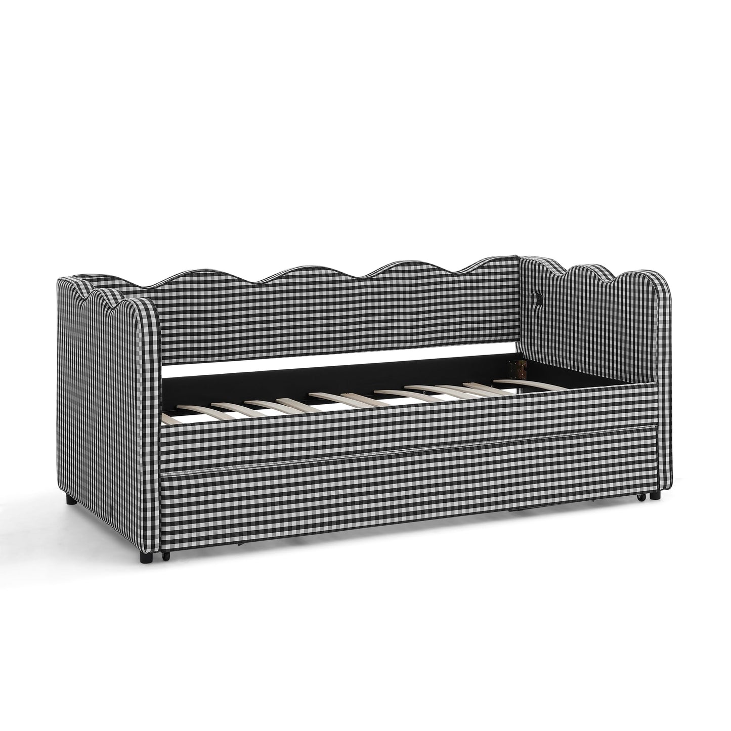 YHMHWZ Grid Linen Upholstered Daybed with Pull Out Trundle, Wave Curved Headboard Sofa Bed with USB Port, No Box Spring Required, Twin Size Guest Bed for Bedroom Guest Room