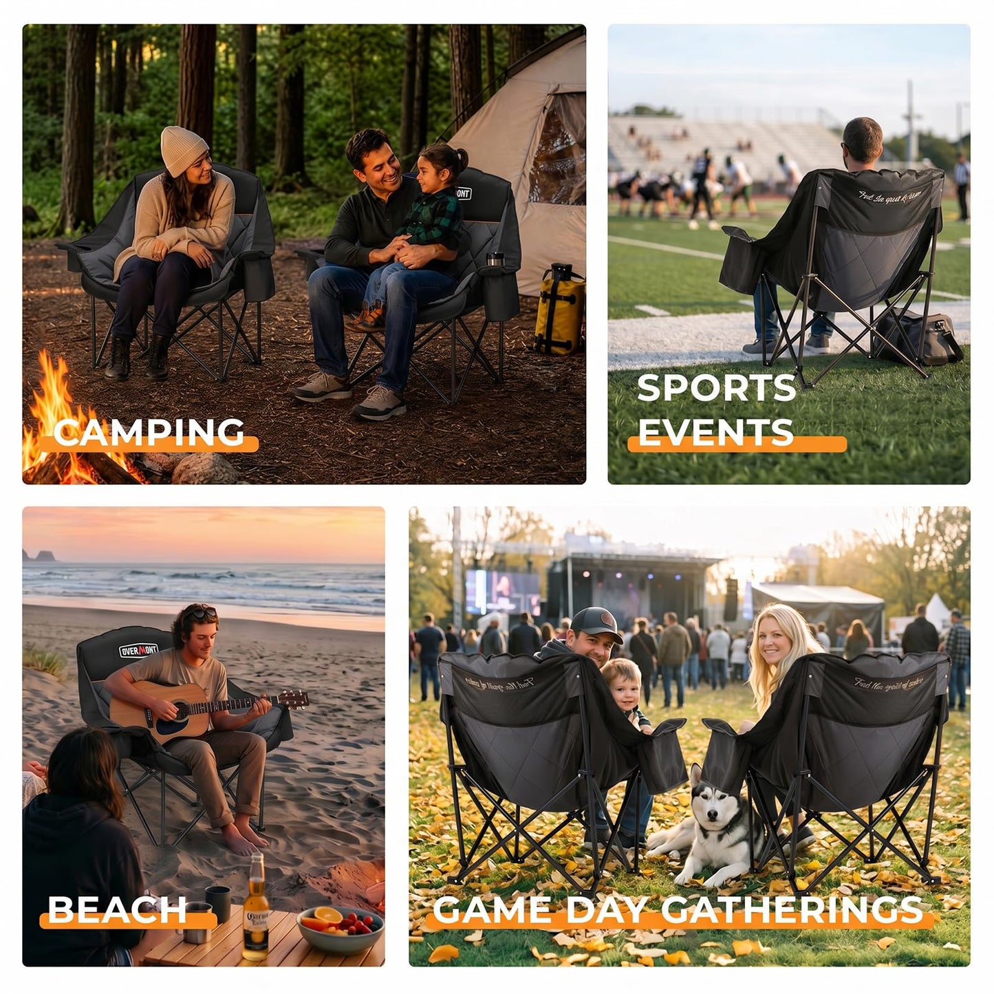 Overmont Oversized XL Camping Chair for Adults - 500lbs Support Heavy-Duty Padded Folding Chair with Side Pocket Cup Holder Cooling Bag for Outdoor Sports Garden Beach Fishing Lawn Black