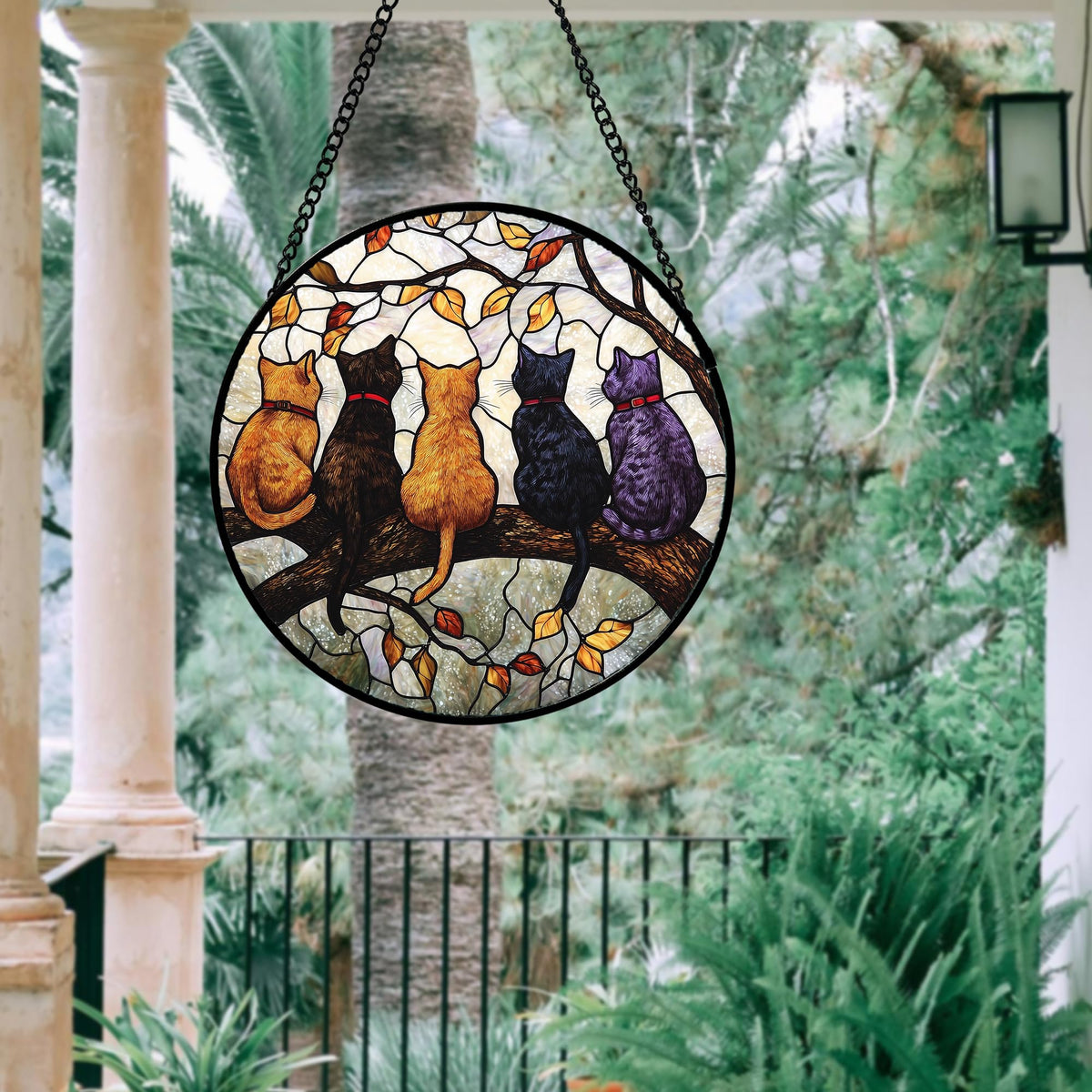DASTOLL Stained Glass Window Hanging - 5 Cats on a Branch Suncatcher for Window Doors Home Decoration and Christmas, Mother's Day Father's Day Birthday Gifts for Women, Men, and Mom 7.8x7.8 in