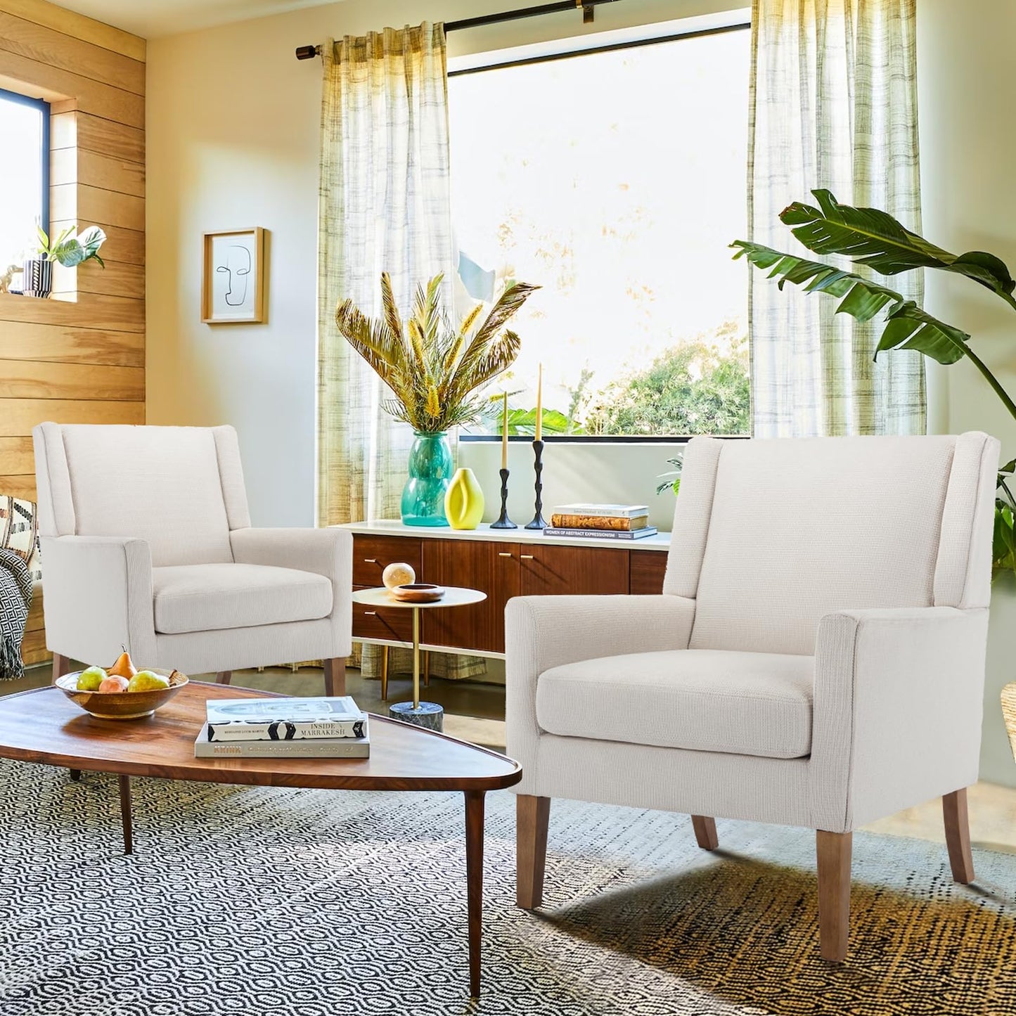 COLAMY Modern Wingback Living Room Chair Set of 2, Upholstered Fabric Accent Armchair, Single Sofa Chair with Lounge Seat and Wood Legs for Bedroom/Office/Reading Spaces, Beige