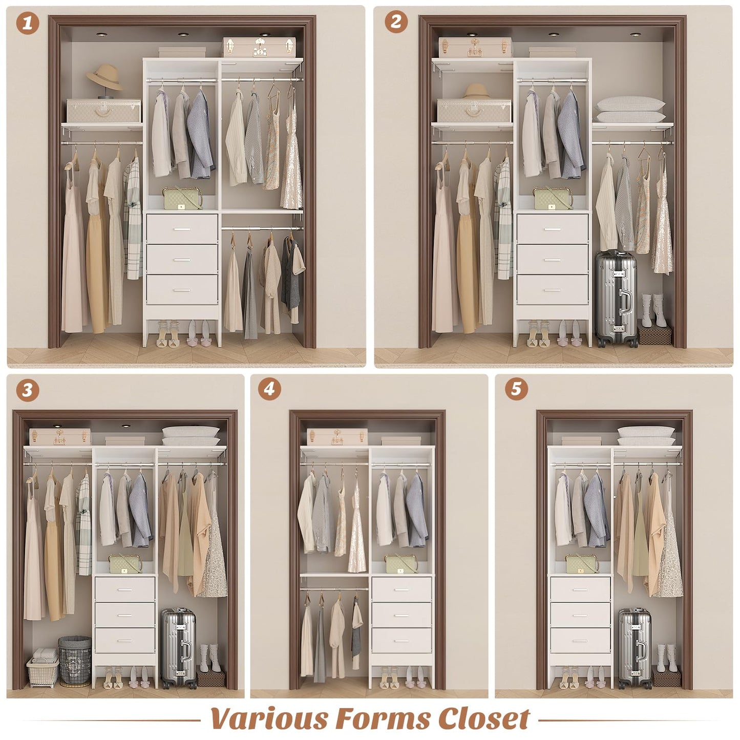 Besiost 4FT Small Closet System with 3 Fabric Drawers, 48'' Closet Organizer System With 3 Adjustable Shelves, Flexible Built-In Clothes Garment Rack for Small Space, 48" L x 13" W x 71" H, White