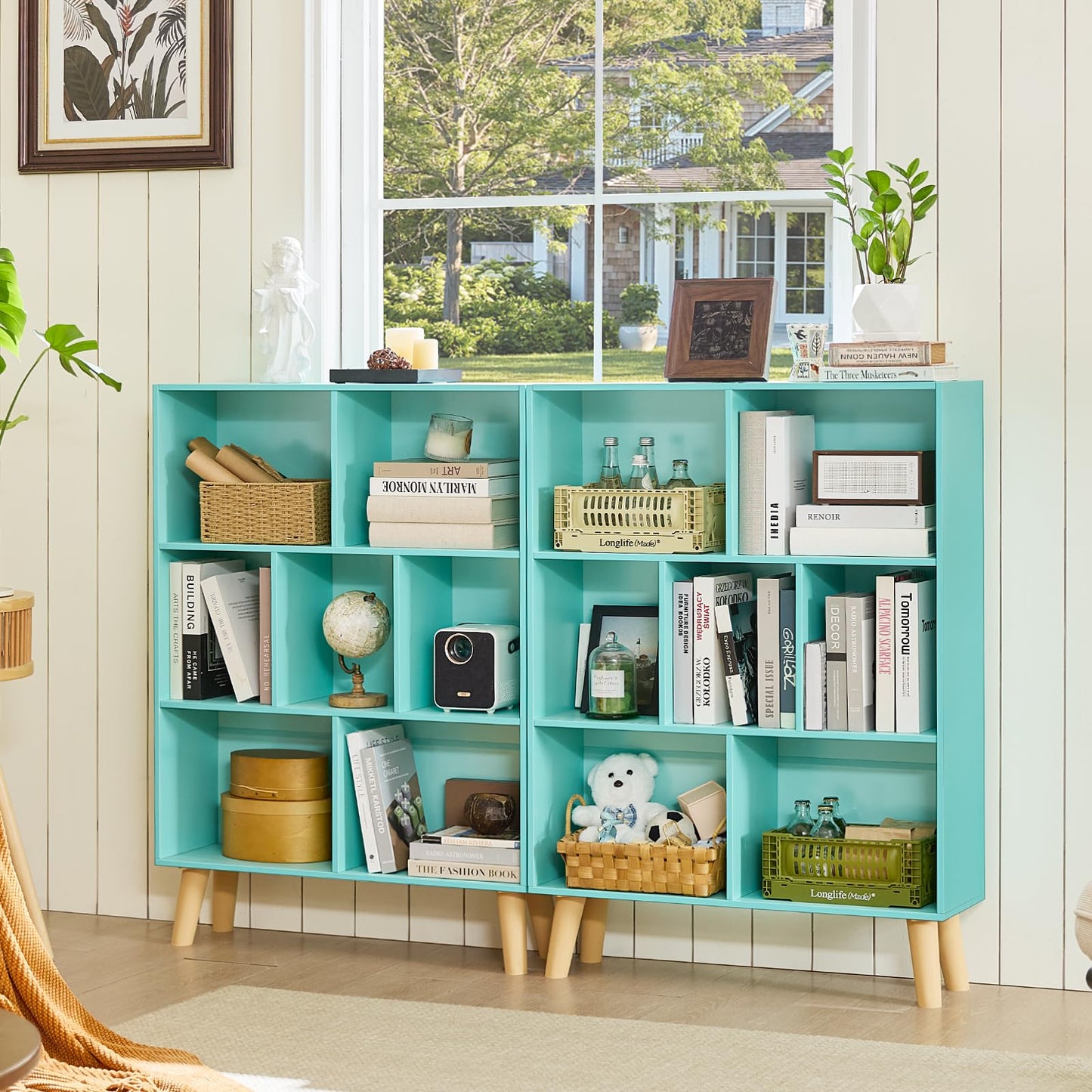 LEYAOYAO 7 Cube Bookshelf 3-Tier Bookcase with Legs, Mint-Green Kids Book Shelf Cute Storage Organizer, Toy Shelves Bookshelves,Wood Display Bookcases