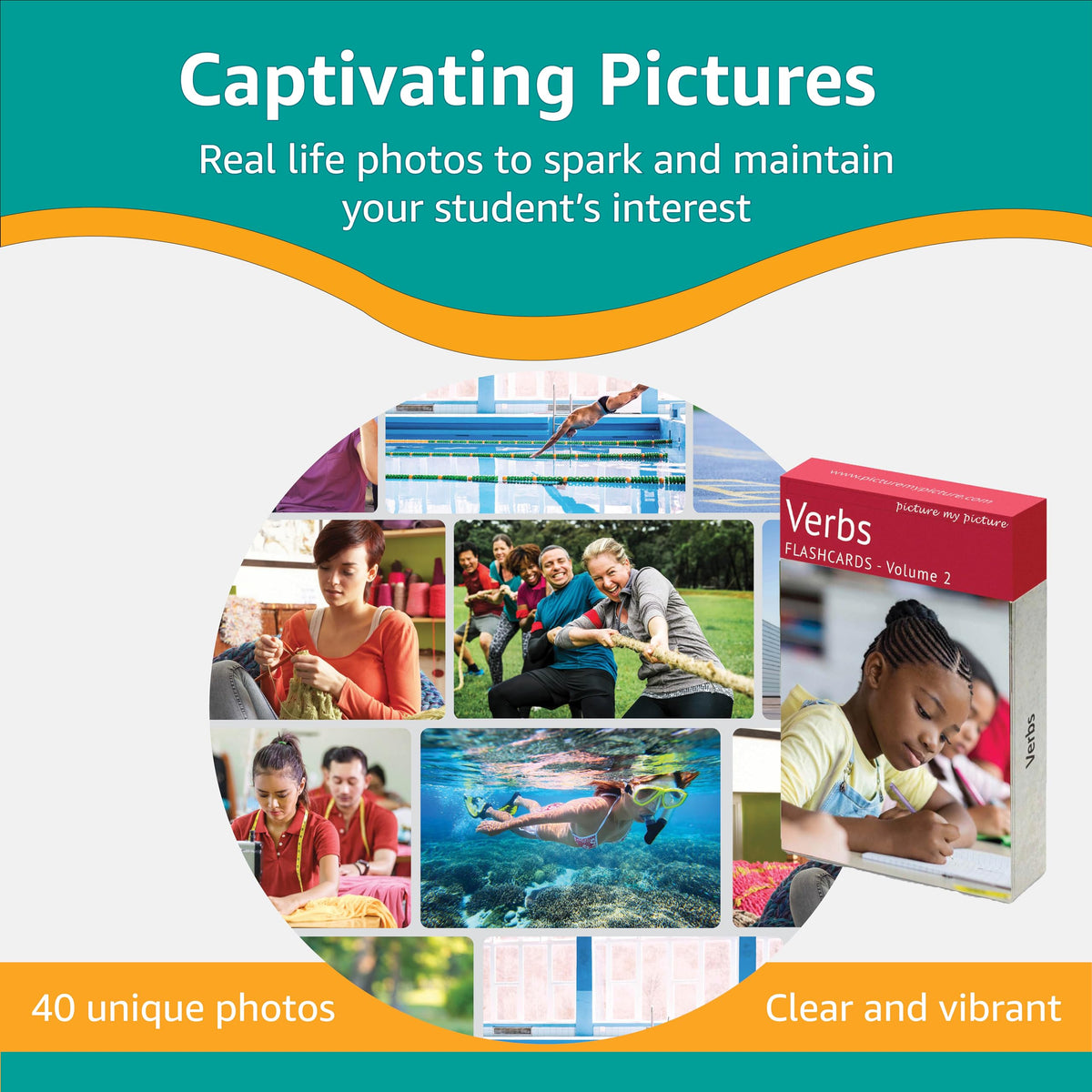 Picture My Picture Verbs Volume 2 Flash Card Set – Speech Therapy Tool for Vocabulary, Communication & Thinking, Scratch-Resistant with Activity Guide, Suitable for Education, ESL & ABA – Set of 40