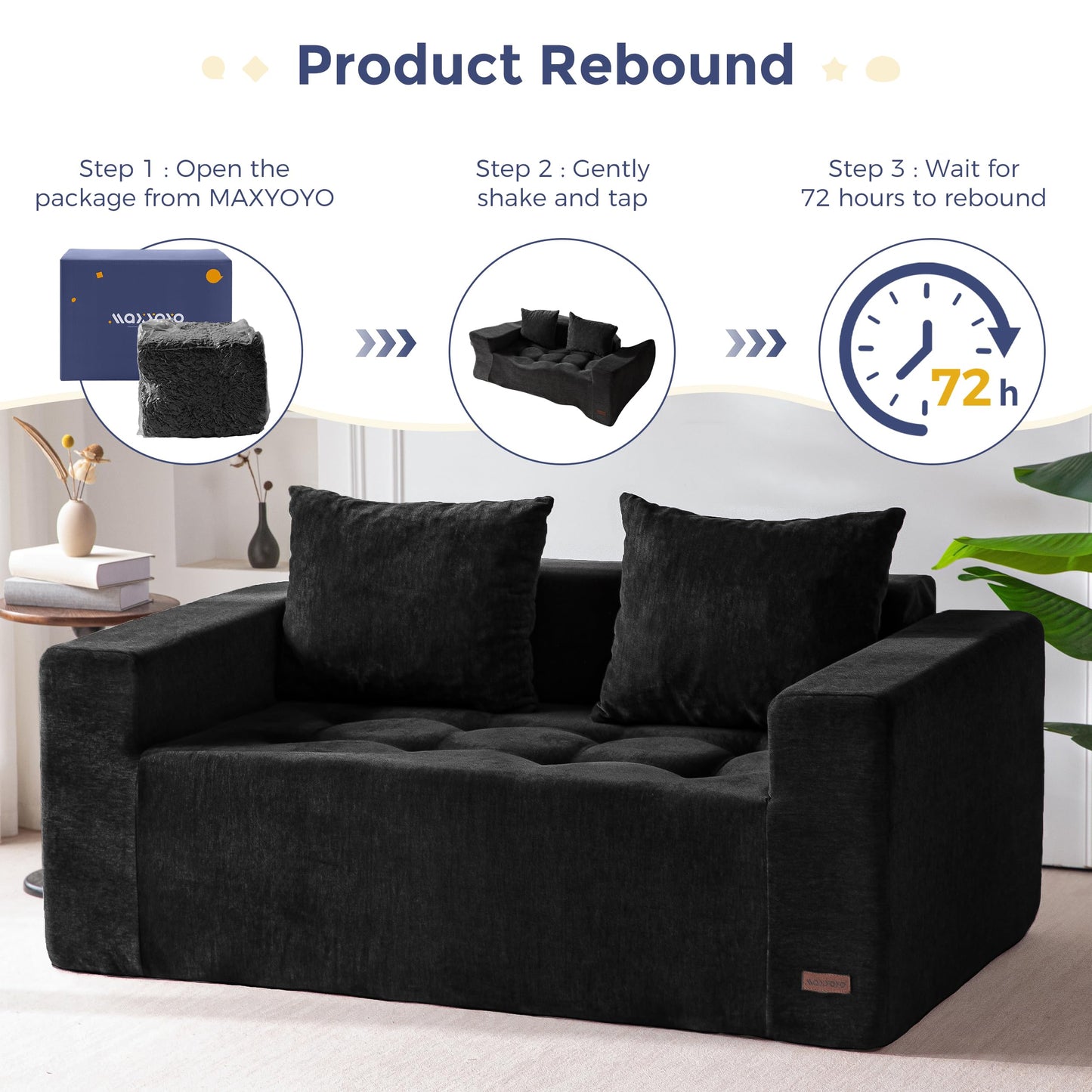 MAXYOYO Modular Sofa Couch, 61" Loveseat Boneless Cloud Couch with Deep Seat, Chenille Upholstered Living Room Comfy Sofa Chair for Living Room, No Assembly Required, Black