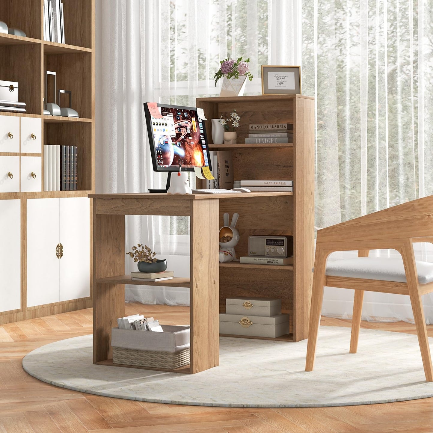 GRAFFY Computer Desk with 6 Storage Shelves - 48" Reversible Writing Desk Workstation with Bookshelf and CPU Stand, Modern Compact Office Desk for Bedroom, Study, Home, Office (Natural)