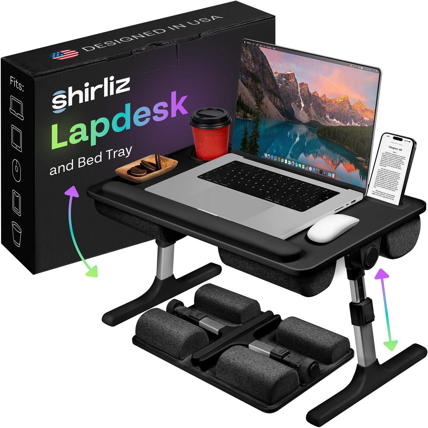 SHIRLIZ Lap Desk with Legs & Cushions: 2-in-1 Foldable Bed Desk for Adults - One-Touch Height Adjustment, Bed Table Tray Hold: up to 15.6“ Laptop, Mouse Cup Phone - Laptop Stand Desks for Bed (Black)